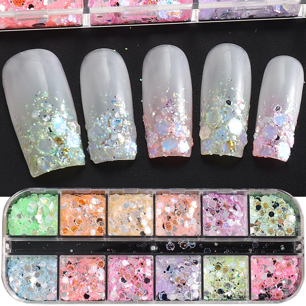 12 Grids Colorful Mermaid Nail Sequin Holographic Nail Art Glitter,Iridescent Nail Art Flake Glitter Decals Glass Paper Design Nail Accessories Acrylic Nails for Women Make Up DIY Nail Decoration