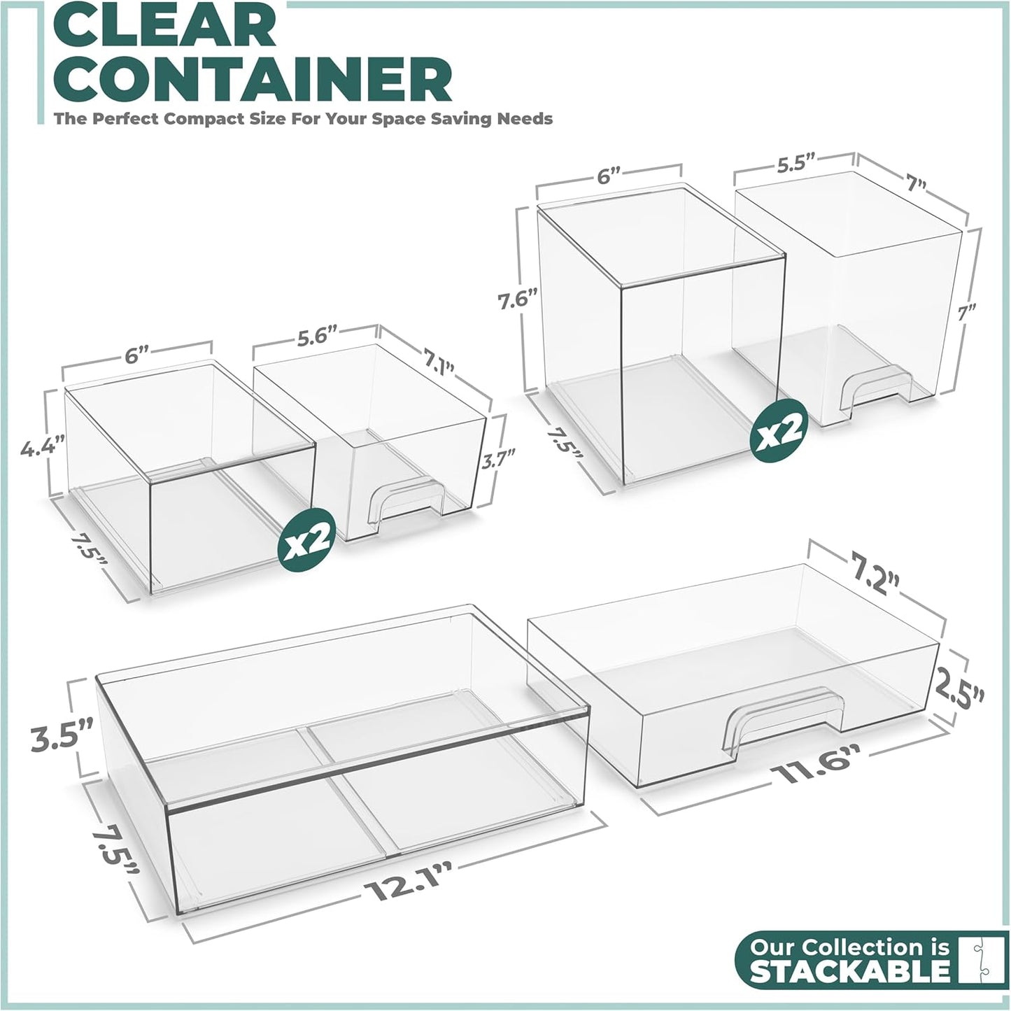 Sorbus Acrylic Storage Containers - 5 Pack, Stackable Storage Bins Set for Bathroom Organization - Clear Acrylic Drawer Organizers - Makeup Case Pull-Out Drawers (7.6’’ and 4.4’’ Tall and 12.1’’ Wide)