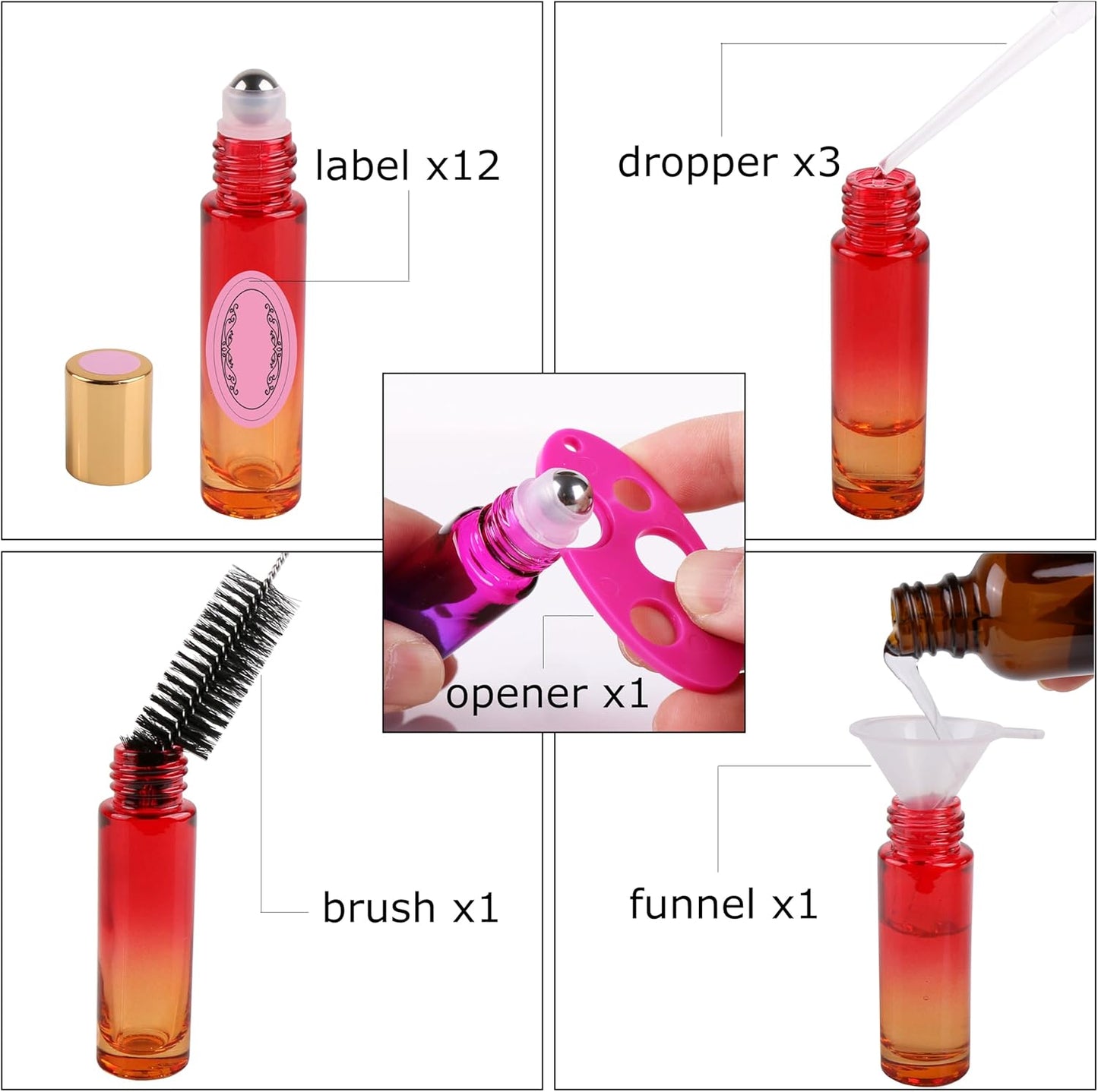 inice 12 Pack,Roller Bottles Gradient Color Glass Bottle for Essential Oils Applicator,10ml Roll on Bottle with Golden Metal Cap for Daily Care