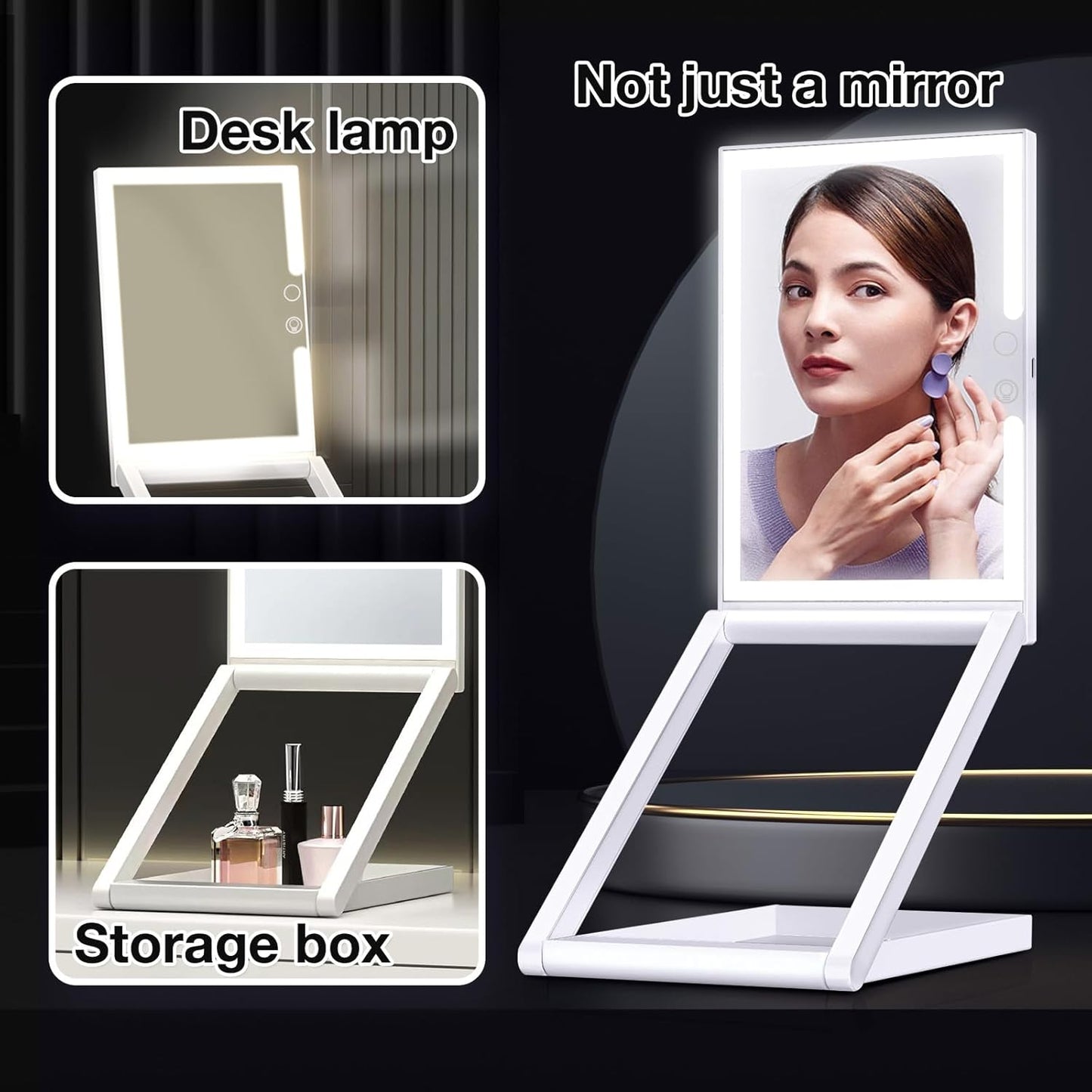 Travel Makeup Mirror with Lights - 3 Color LED, USB Rechargeable, 10X Magnifying, Adjustable Height, 360 Rotation, Compact Folding Touch Screen Smart Cosmetic Mirror