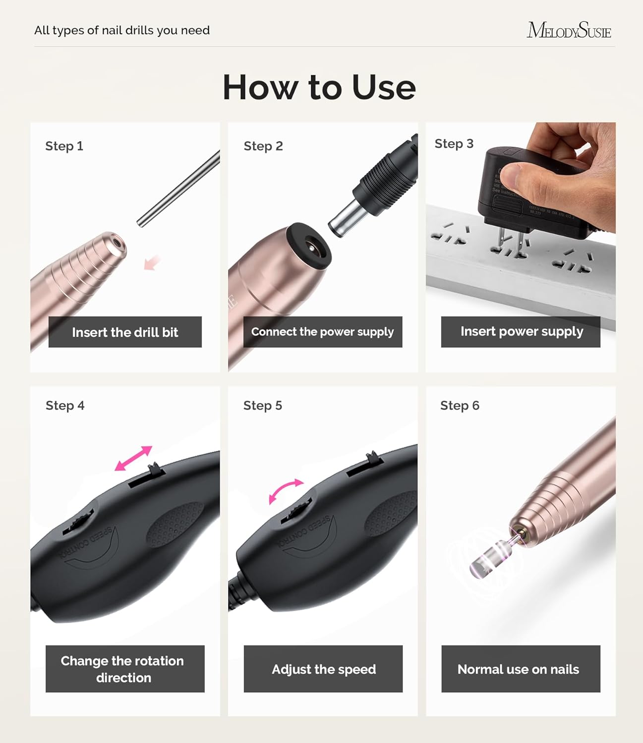MelodySusie Portable Electric Nail Drill,PC120B Compact Efile Electrical Professional Nail File Kit for Acrylic, Gel Nails, Manicure Pedicure Polishing Shape Tools Design for Home Salon Use, Gold