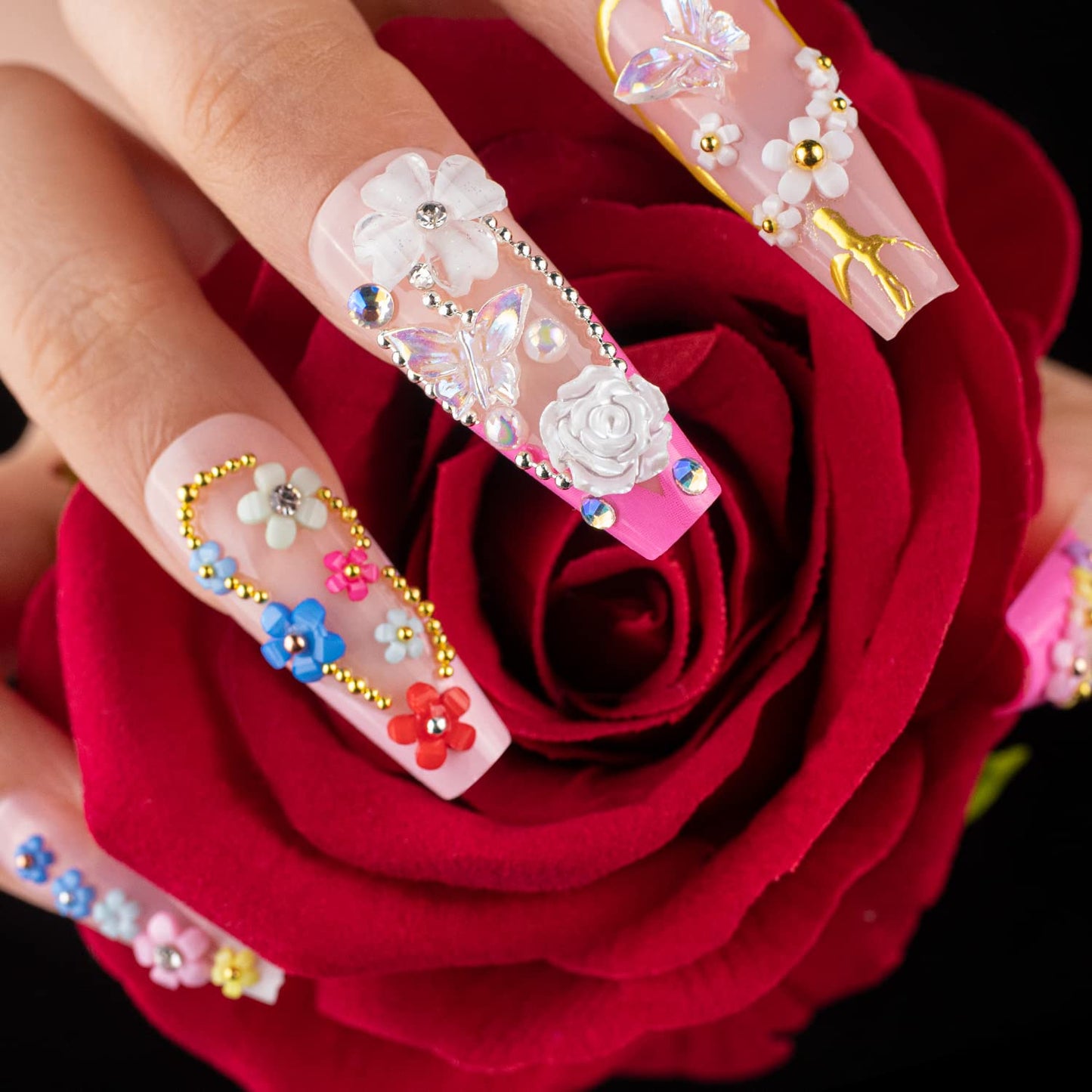 Mixed 3D Nail Art Gem Decoration Accessories Kit #4, Aurora Bear Bow Butterfly Starry AB Rhinestone Charm Jewelry for Deco, Pearl Flower Caviar Bead Stone Crystal with Dual-End Brush and Tweezer