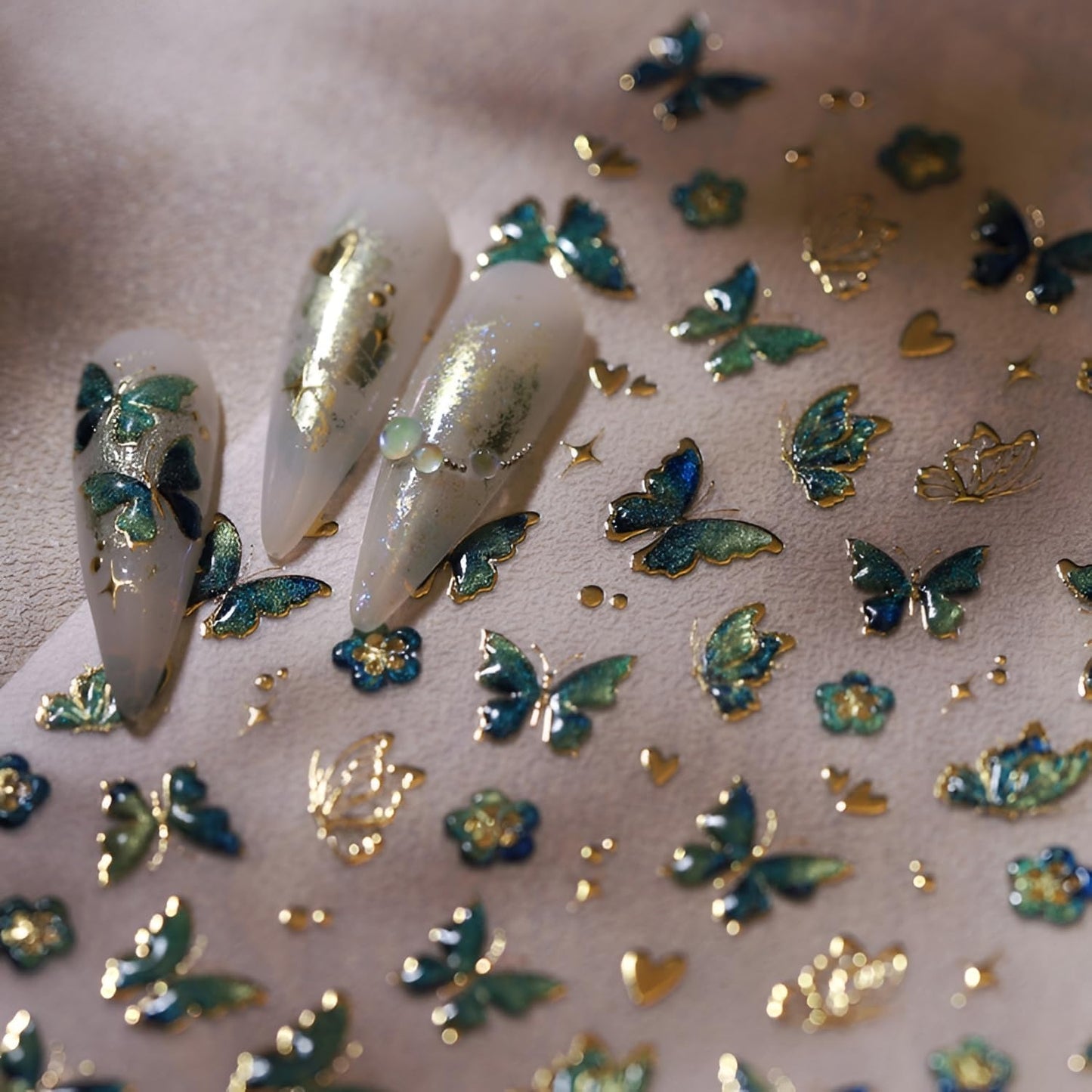 Butterfly Nail Stickers for Nail Art 5D Embossed Flower Nail Art Stickers Green Red Gold Butterfly Nail Decals Self-Adhesive Spring Summer Nail Design for Women Girls 2Sheets