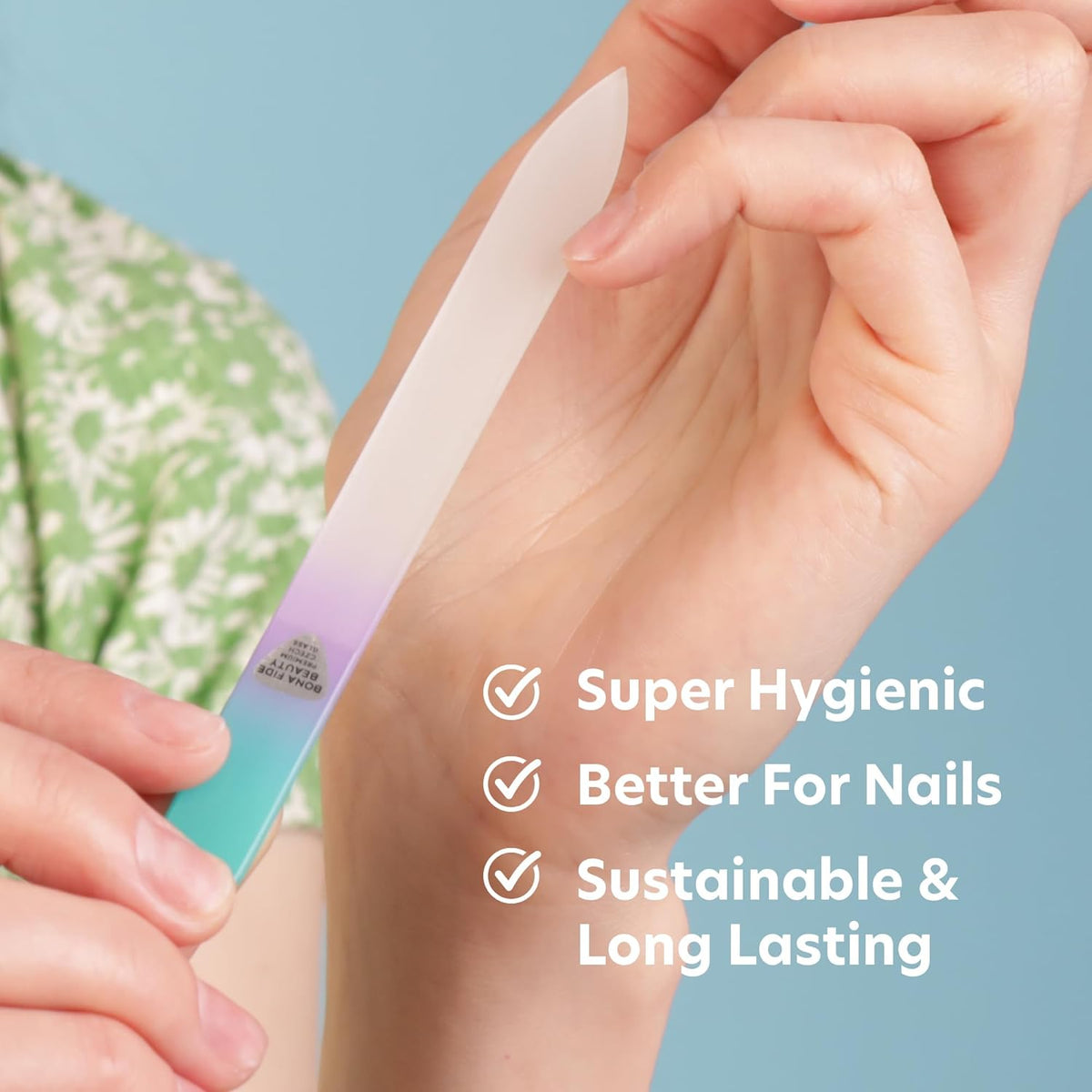 Bona Fide Beauty Czech Glass Nail File with Case, Pastel Green Violet Premium Crystal Nail File for Natural Nails. Nail Care Tool Gifts for Women