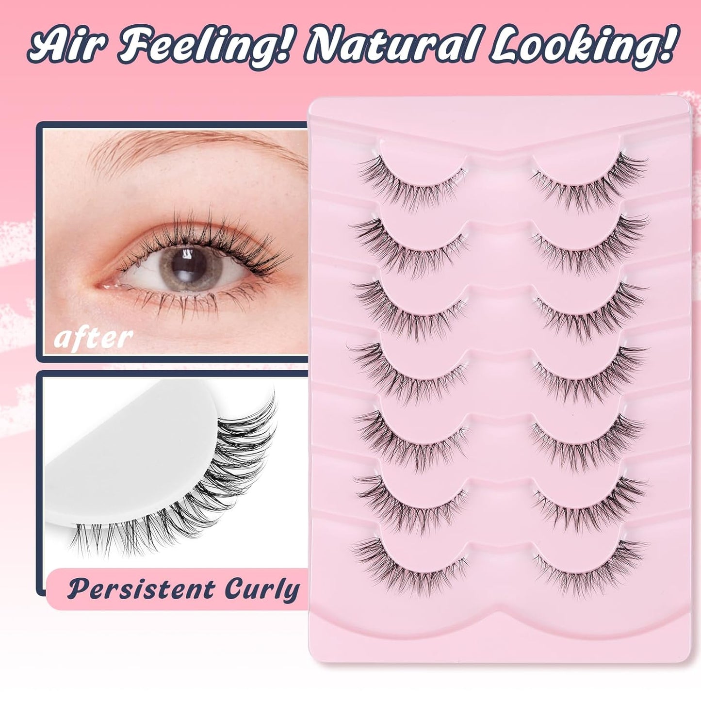 Cat Eyelashes Natural Eye Lashes 12mm False Lashes Wispy Thin Band 3D Volume Fake Eyelash C Curl Lash Pack Natural Look 7 Pair