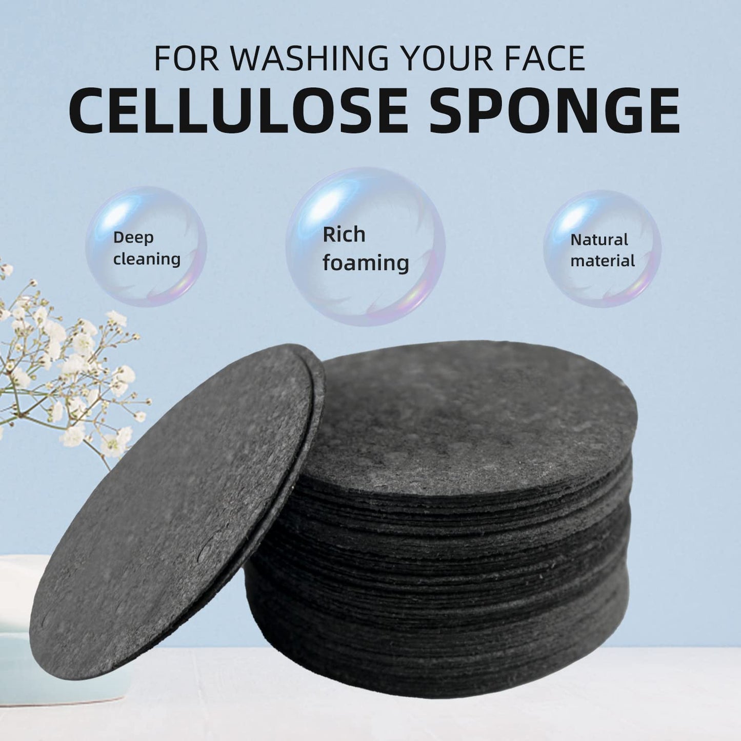50-Count Facial Sponges Compressed Natural Cellulose Sponge Round Shape Face Sponge for Face Cleansing Exfoliating and Makeup Removal, Black