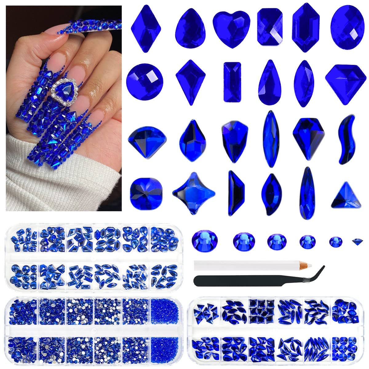 3 Boxes Royal Blue Nail Rhinestones 240 Multi-Shapes Sapphire Big Gems K9 Glass Flatback Round Beads Crystals Stones Diamonds Nail Art Charms for Nails Face Eyes Makeup Crafts Tumblers Clothes
