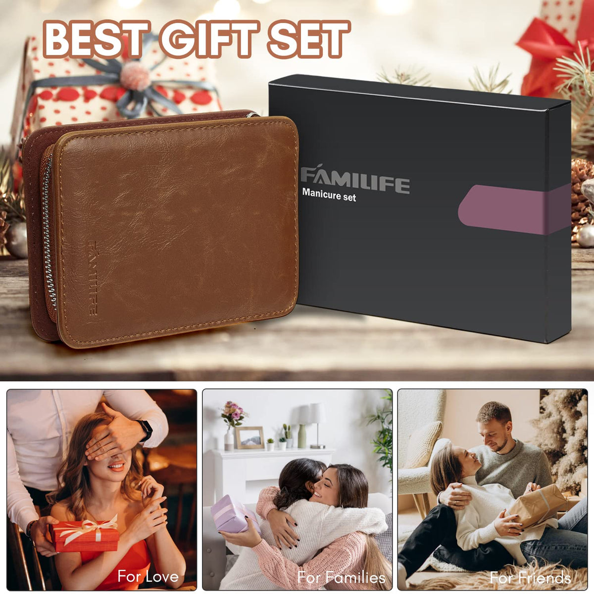 FAMILIFE Manicure Set, Nail Clippers Pedicure Tool, 8 pcs Stainless Steel Manicure Kit Professional Grooming Tool, Nail Kit with Portable Brown Leather Travel Case Luxury Gifts for Men