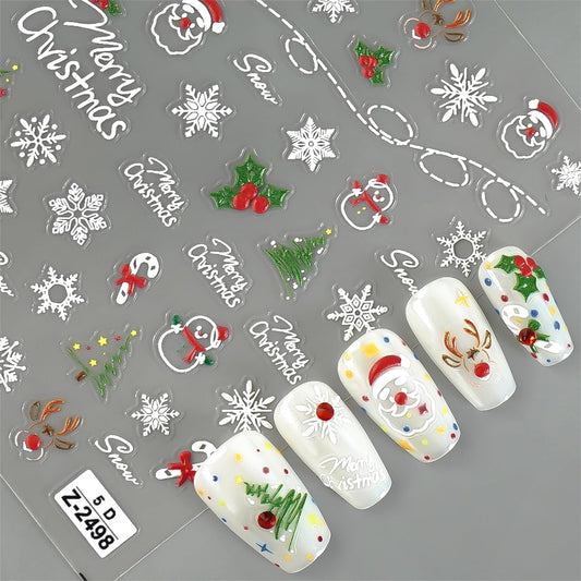 5D Embossed Christmas Nail Stickers Self Adhesive Christmas Nail Art Stickers Snowman Snowflake Nail Decals Winter Nail Design Santa Claus Nails Supplies for Women Girls 2 Sheets