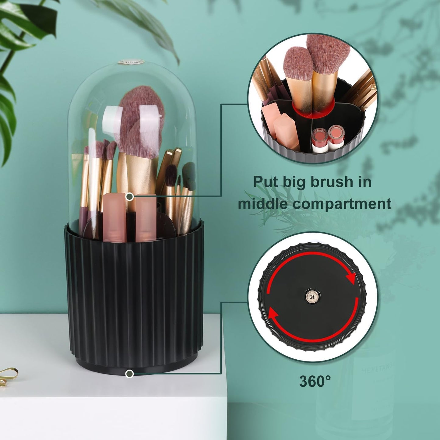 Makeup Brush Holder Organizer with Lid, 360° Rotating Cosmetic Storage