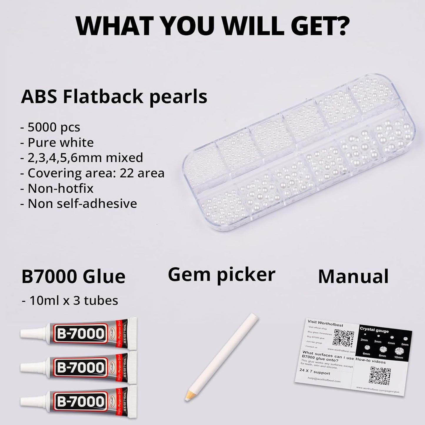 5000Pcs Flatback Pearls for Crafting Bedazzling, White Mix 2/3/4/5/6mm Half Pearl Beads Flat Back for Crafts Clothing Tumbler Shoes Scrapbooking Charms Wedding Gown Glasses Boots with B7000 Glue