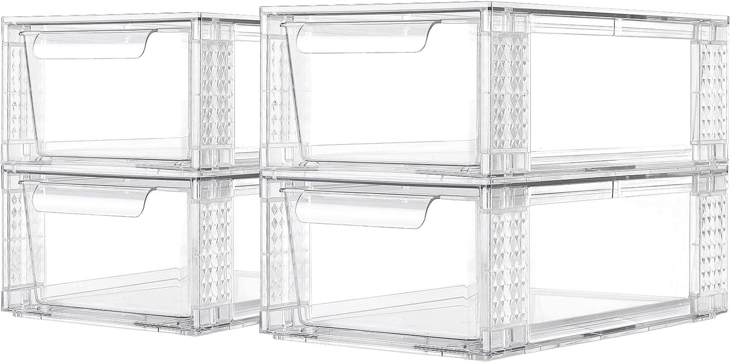 Clear Stackable Storage Drawers, 3.95” Height, 4-Pack Acrylic Organizer for Bathroom & Cabinet Use
