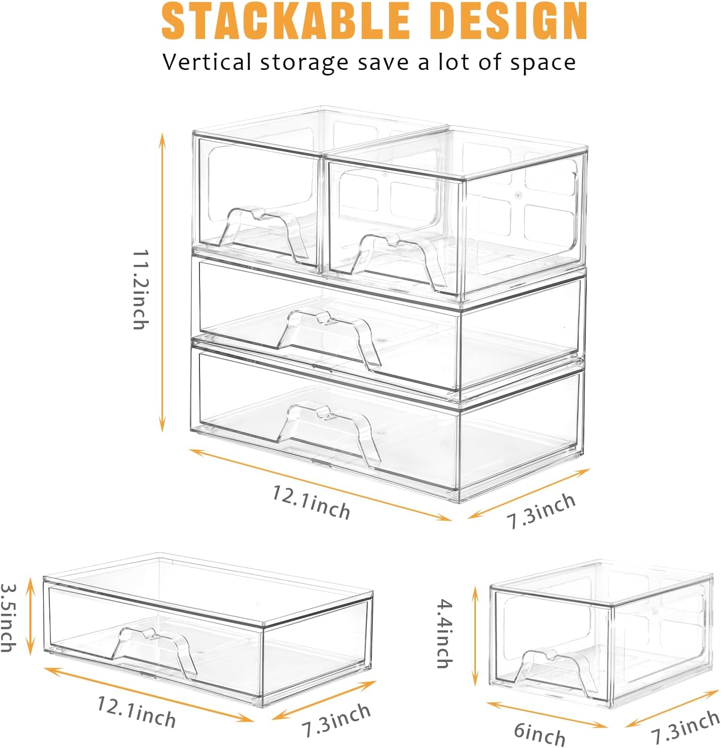 3 Piece Clear Stackable Acrylic Drawer Organizer Set for Vanity Bathroom Cabinet Storage