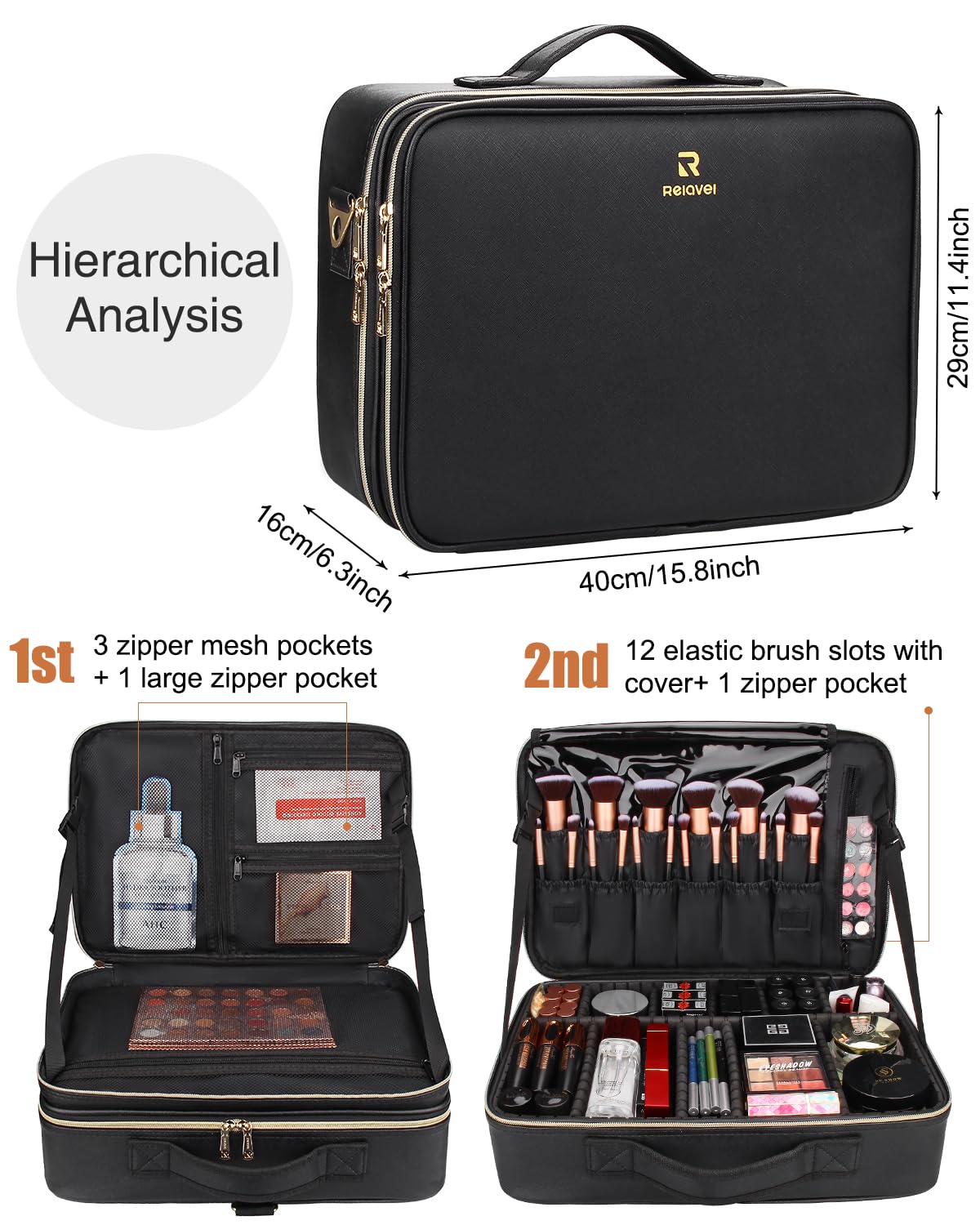 MONSTINA Large Makeup Travel Case Bag,Professional Makeup Artist Train Case with Brush organizer,Large Capacity Cosmetic Bag with Zipper Pocket and Adjustable Compartment（PU Leather Black）