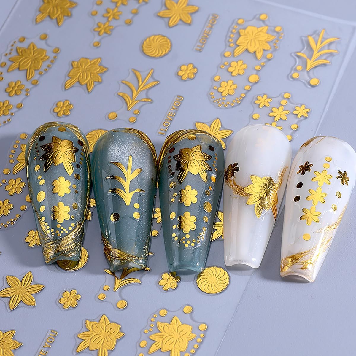 2 Sheets Gold Nail Art Stickers 3D Metallic Flower Nail Stickers Gold Blossom Floral Fallen Leaves Design Nail Art Supplies Fall Nail Decals for Women Girl Acrylic DIY Manicure Decoration Accessories
