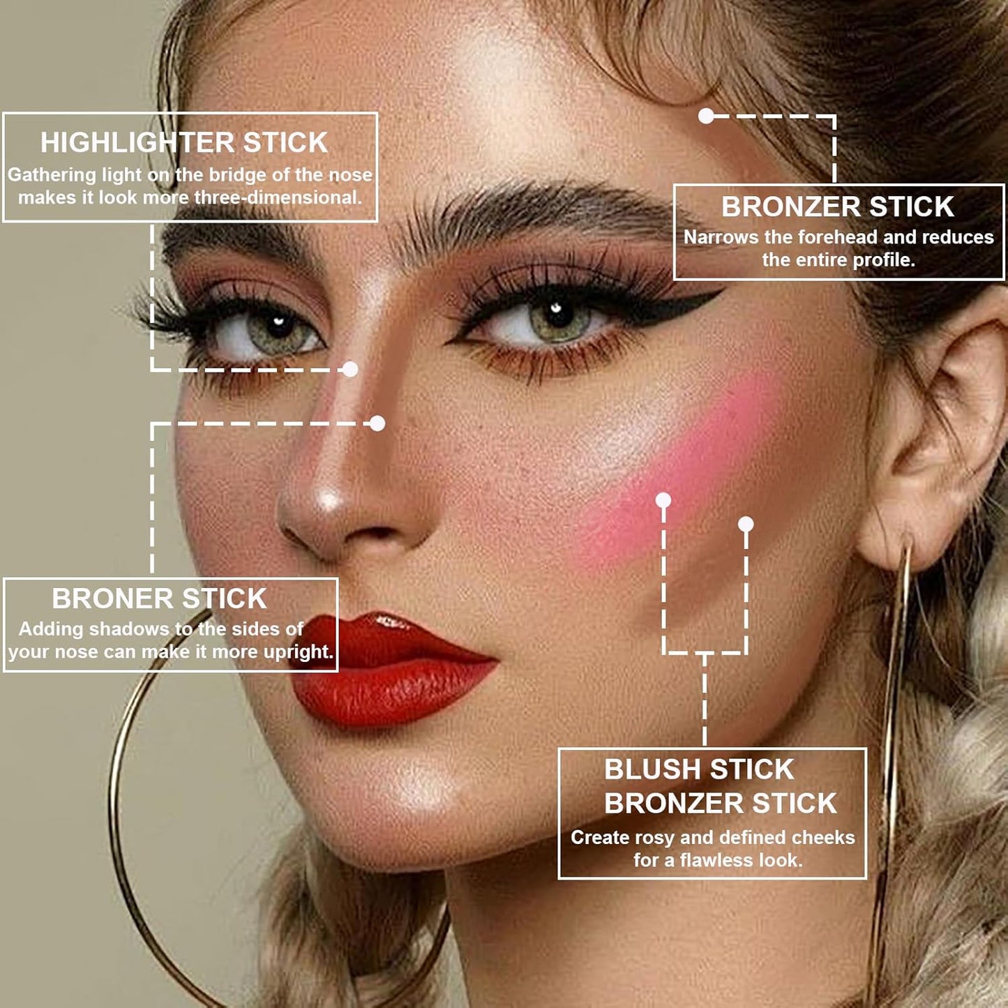Lezero 3Pcs Contour Stick Makeup Kit, Shades with Highlighter, Blush and Bronzer Stick for Sculpt the Face and All Skin Type, Long Lasting, Smooth, Dewy & Matte Finish, MEDIUM