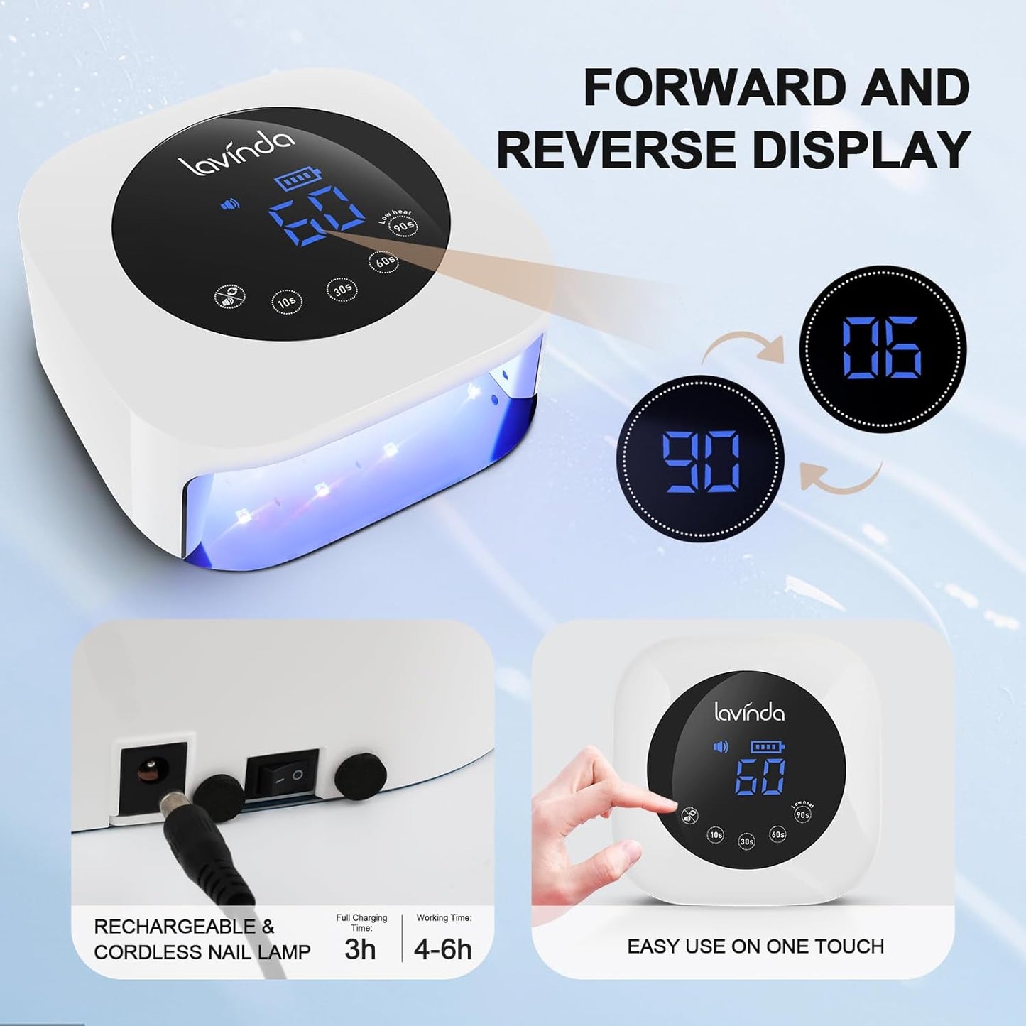Lavinda UV LED Nail Lamp, Cordless Nail Lamp 54W Rechargeable Nail Dryer Gel Polish Light with Large LCD Display, Professional Gel Curing Lamp with 4 Timer Setting Auto Sensor for Salon and Home