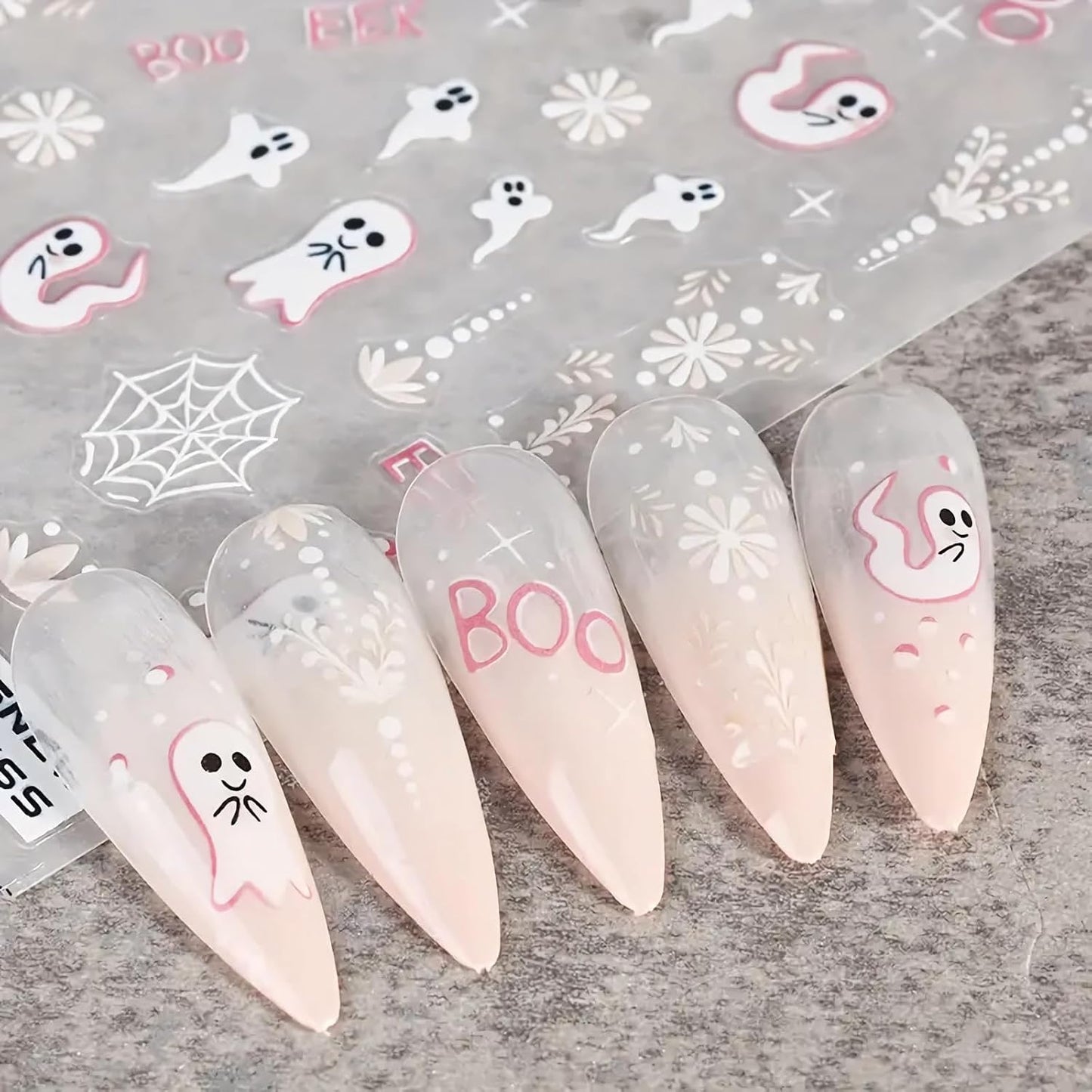 2Pcs Halloween Nail Art Stickers 5D Embossed Halloween Ghost Nail Decals Cute Ghost Spider Web Totem Pattern Designs Self Adhesive Horror Nail Supplies for Women Manicure Tip Decorations Accessories