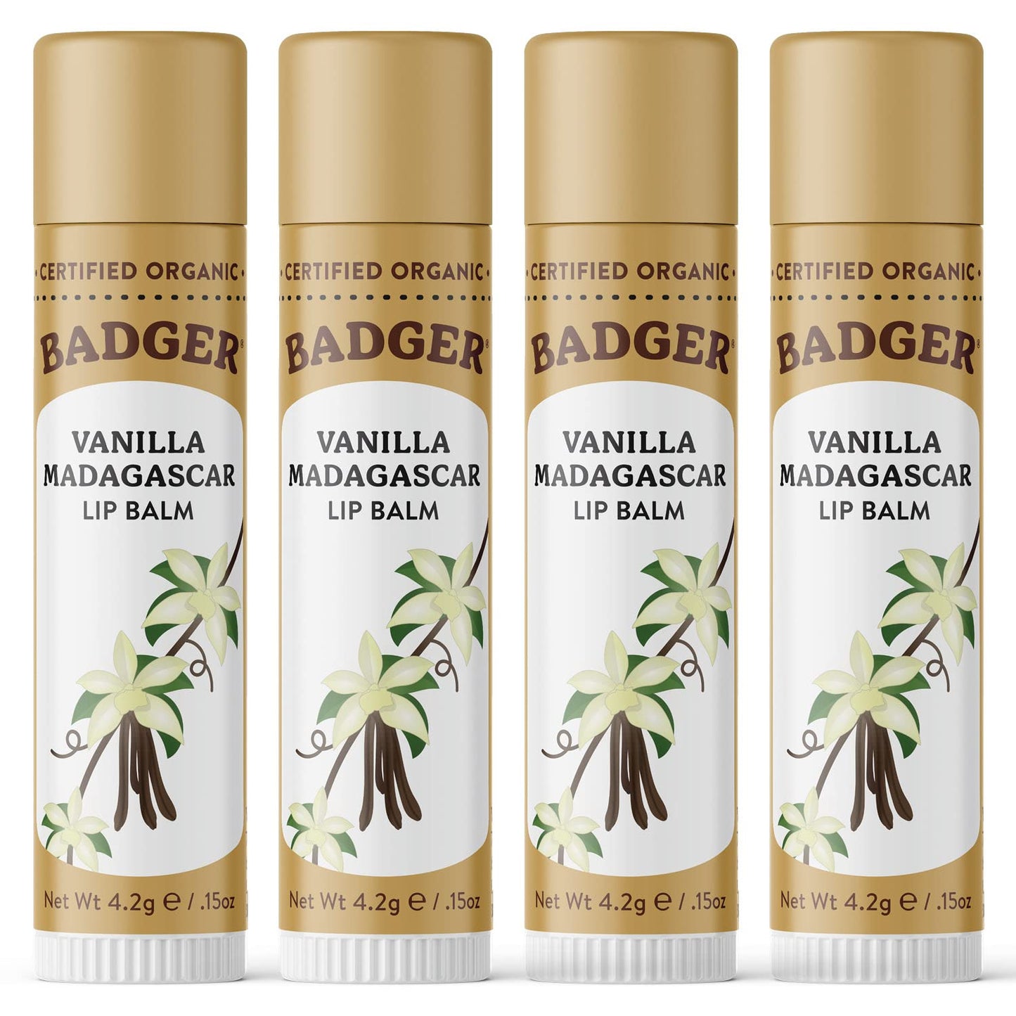 Badger Vanilla Madagascar Classic Lip Balm, 100% Organic Lip Balm, Long Lasting Lip Care w/Light Silky Texture, Comforting & Relaxing, 4 Pack