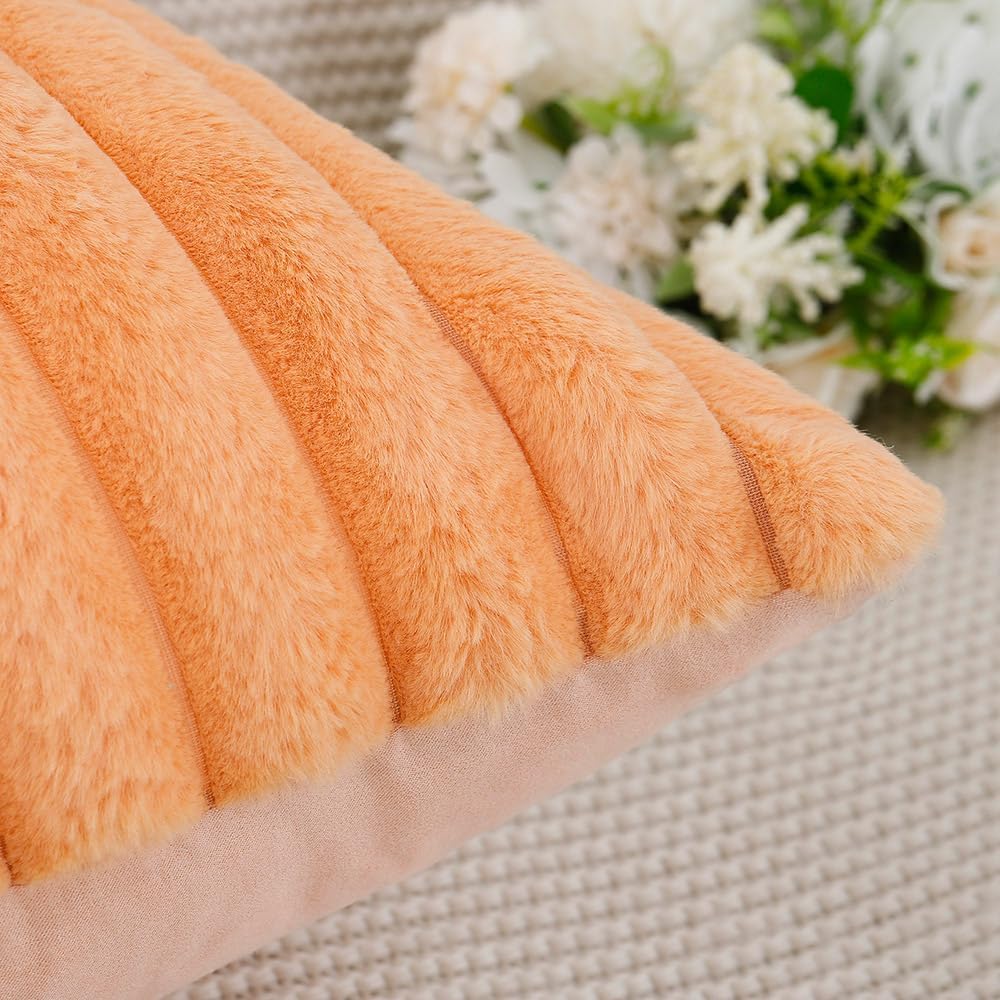MADIZZ Set of 2 Faux Wool Plush Decorative Throw Pillow Covers 20x20 Inch Orange Fluffy Striped Soft Decorative Cushion Cover for Sofa Bedroom Pillow Shell