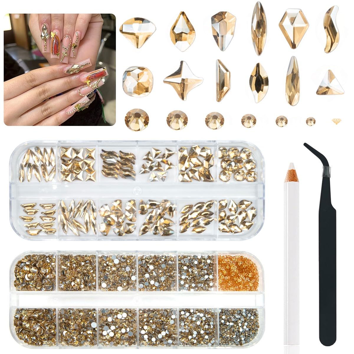 4080Pcs Champagne Golden Nail Rhinestones Flatback Gold Crystals Gems Round Beads K9 Glass Stones Diamonds Jewels Nail Art Supplies Nail Charms Supplies for Nails Faces Eyes Makeup Body Beauty