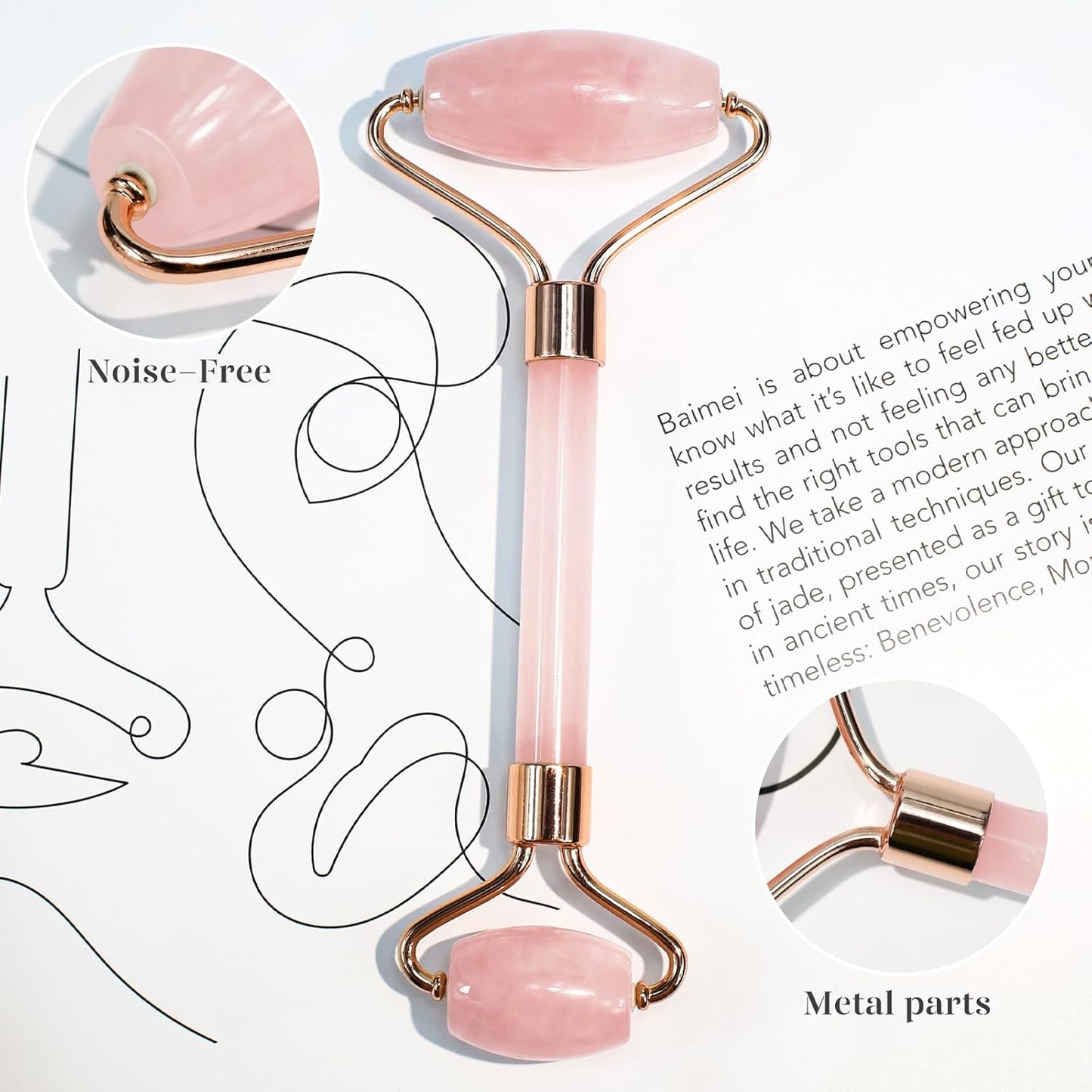 BAIMEI Jade Roller & Gua Sha, Face Roller, Facial Beauty Roller Skin Care Tools, Self Care Gift for Men Women, Massager for Face, Eyes, Neck, Relieve Fine Lines and Wrinkles - Rose Quartz