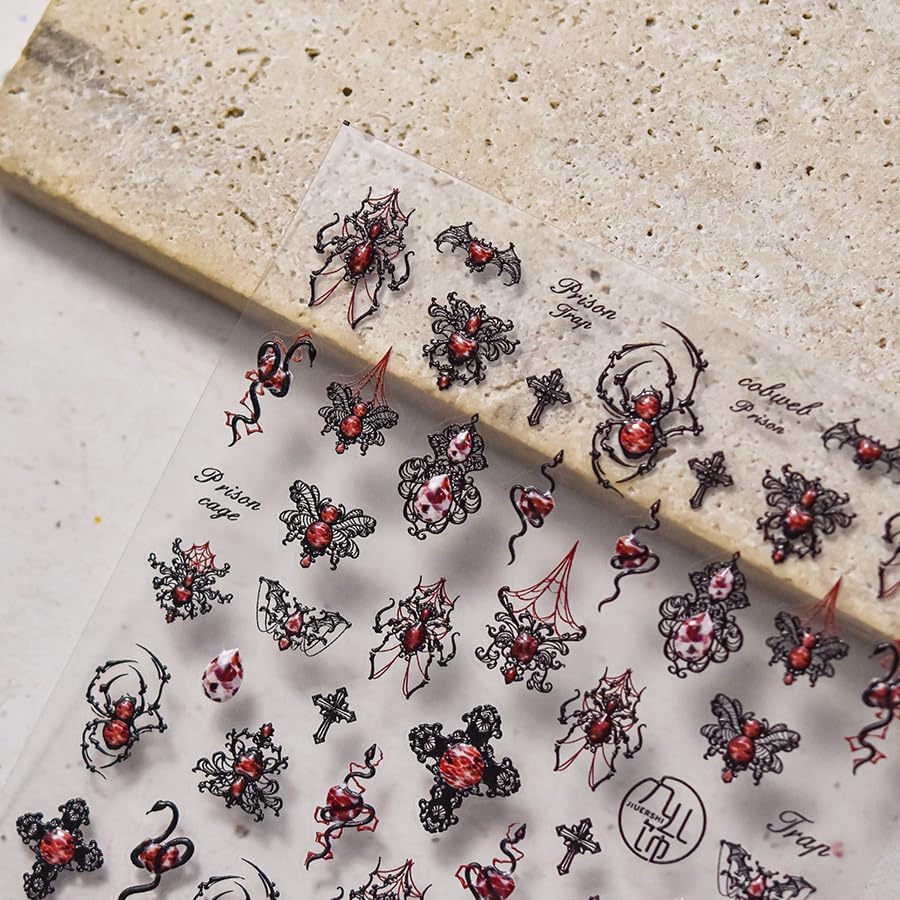 Halloween Nail Art Stickers 5D Embossed Gothic Spider Nail Stickers, Self-Adhesive Durable Nail Art Decals for Women Girls, Nail Wraps Decoration Manicure for DIY Acrylic Nail Accessories