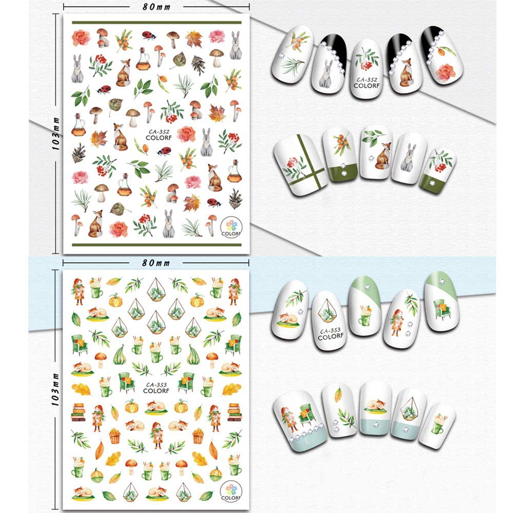 Kalolary Autumn Fall Nail Art Stickers Decals Maple Leaves Decals 3D Nail Stickers Harvest Pumpkin Maple Leaves Sunflower Squirrel for Women Girls Kids DIY Nail Design-12 Sheets