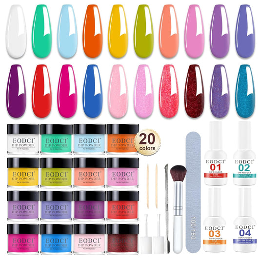 Summer Dip Powder Nail Kit Starter, 20 Neon Bright Blue Yellow Colors with Dipping Powder Base/top Coat Activator Liquid Set No Needed Nail Lamp Curing for French Nail Art Salon DIY Home