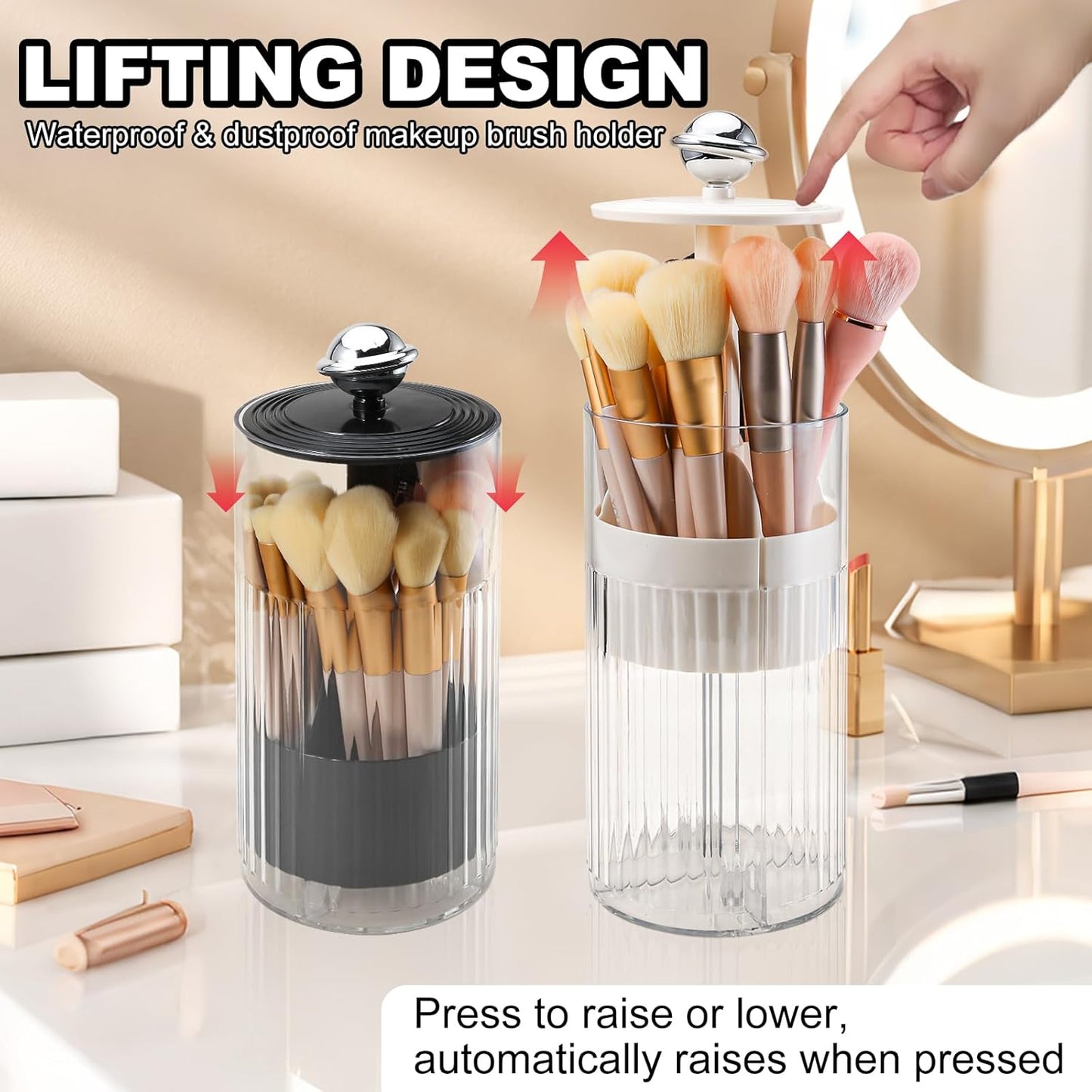 Automatic Lift Makeup Brush Holder with Lid Dustproof Clear Cosmetic Brush Organizer 4-Slot Vanity Brush Storage Container (Cream)