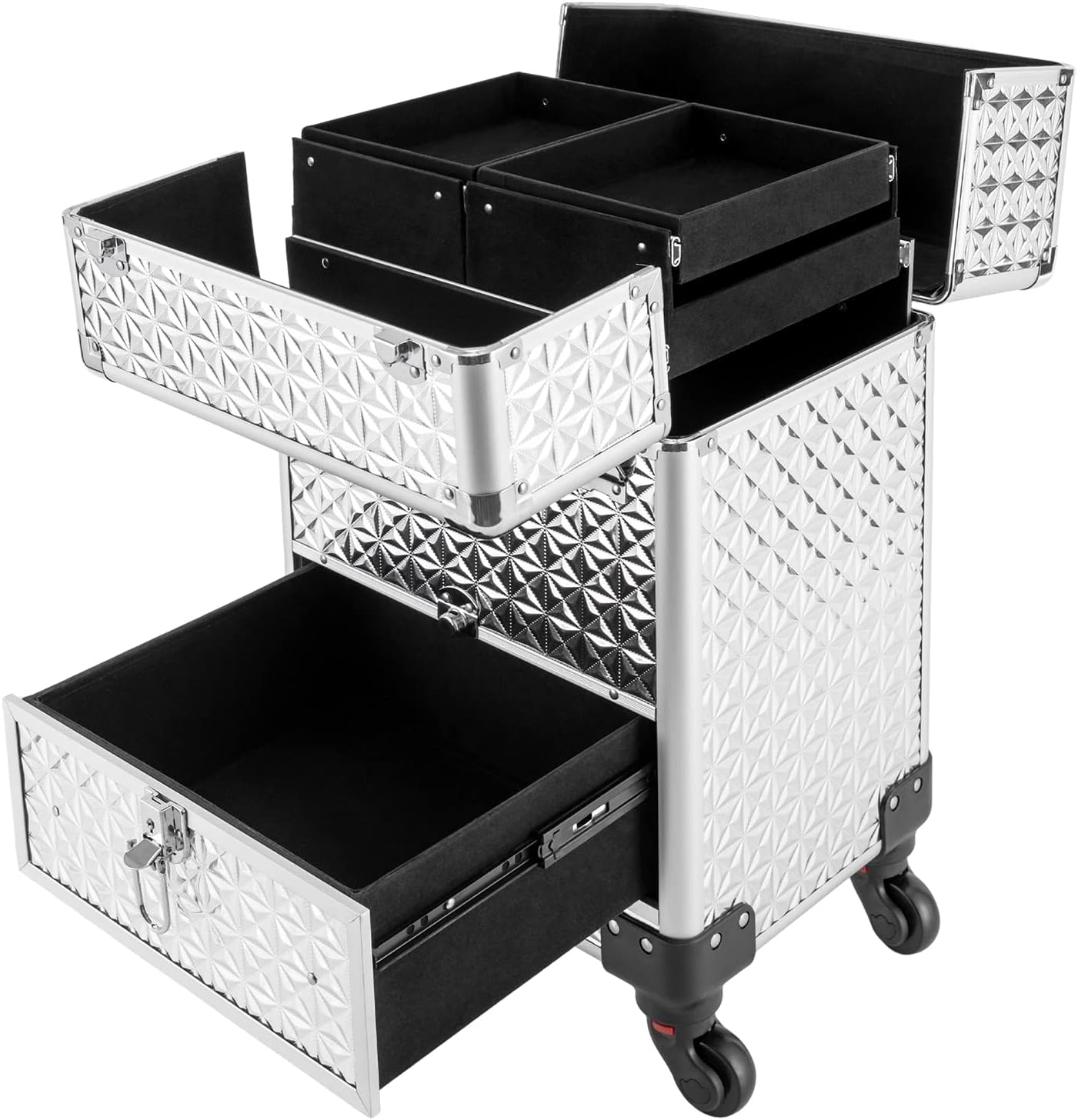 Rolling Makeup Train Case with Wheels Large Capacity Professional Cosmetic Organizer Trolley Case with Expandable Trays