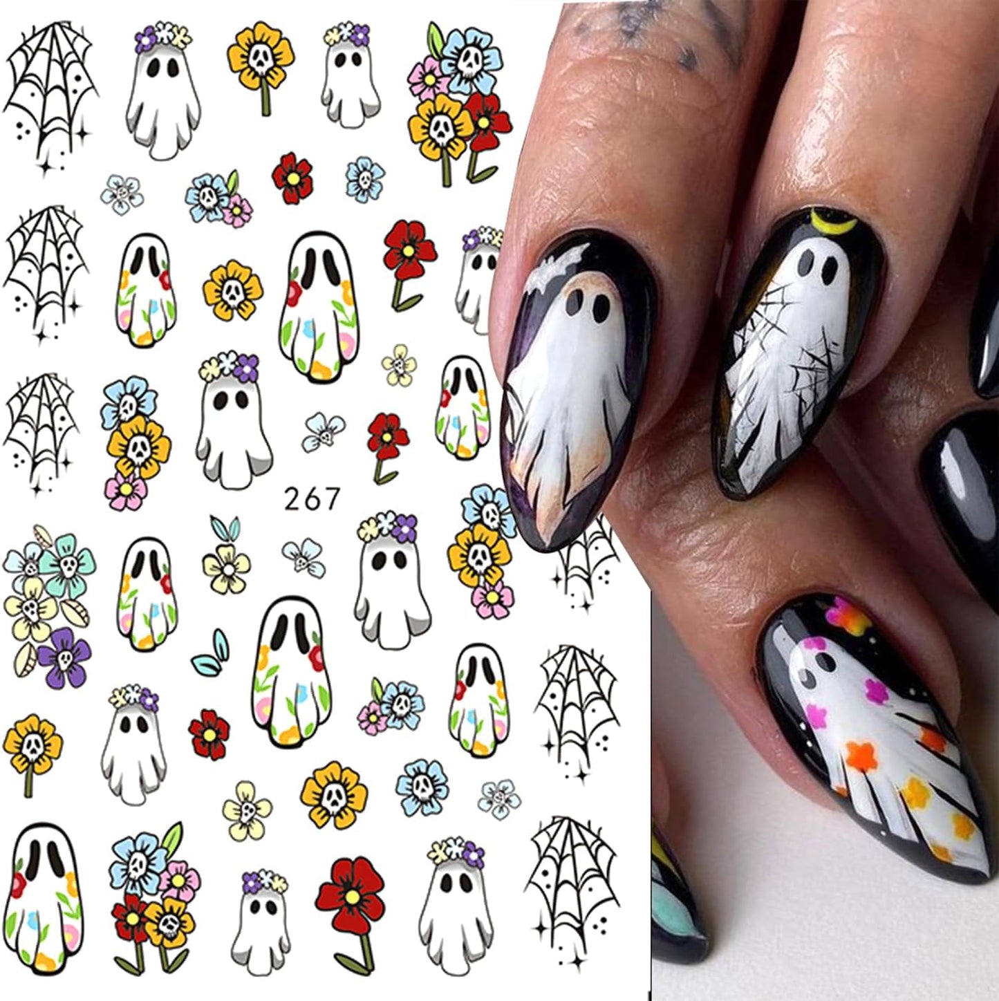 10 Sheets Halloween Nail Art Stickers Decals Cute White Ghost Nail Stickers Pumpkin Bat Spider Web Nails Decal Self-Adhesive Skull Flower Nails Art Decals for Women Halloween Decor