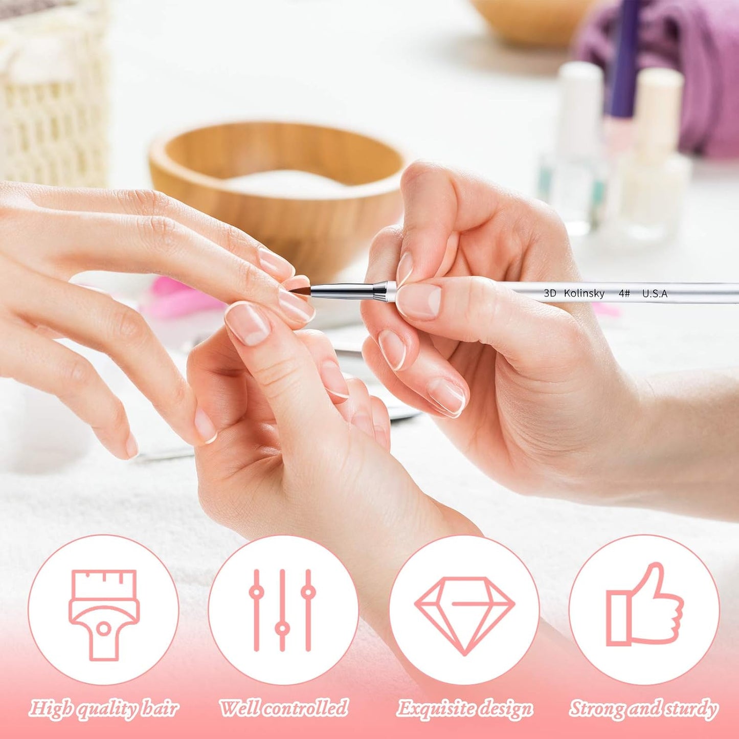 Patelai 3 Pcs Kolinsky 3D Nail Art Brush Set Size 2/4/5 Acrylic Nail Art Brush with Silver Metal Nonslip Grip Handle Polish Cleaning Manicure Tools for Women Acrylic Sculpture Application