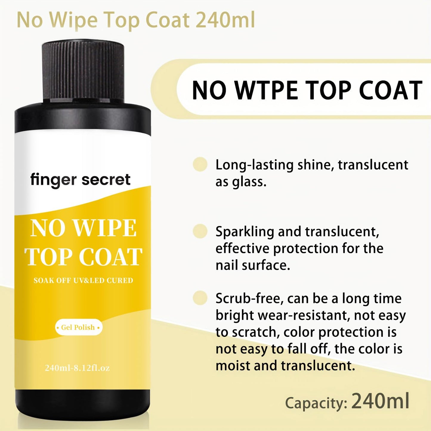 240ml/8floz No Wipe Gel Top Coat for Gel Nail Polish, Quick Dry Clear Nail Polish, Nail Supplies for DIY in Salon or Home Use.