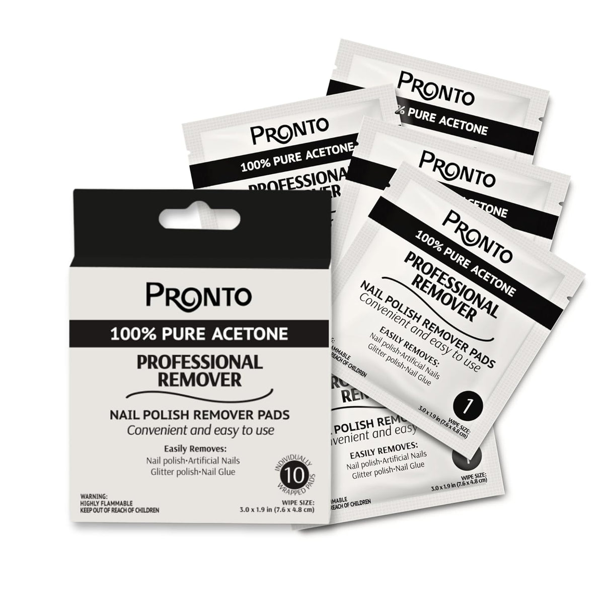 Pronto Acetone Nail Polish Remover Pads, 10 Pcs. Individually Wrapped Acetone Wipes, Pure Acetone Wipes Remover For Salon & Home - Quick Polish Nail Soak Pads