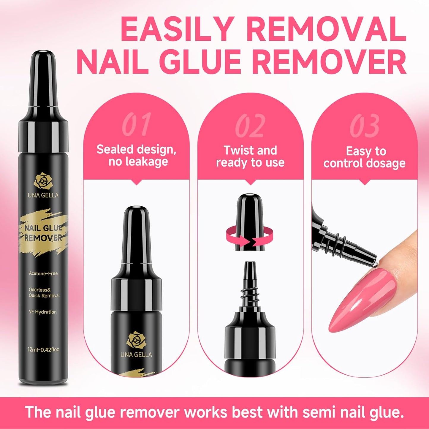 UNA GELLA Quick Drying Solid Nail Glue Gel 10ML with Gel Nail Glue Remover 12ML, for Press On Nails, No Need for Lamp, Long Lasting, Drip Use Remover Pen