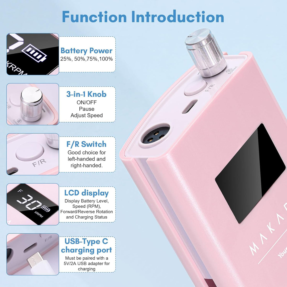 Makartt Electric Nail Drill - 30000RPM Rechargeable E File, Perlarie Pearly Pink Portable Nail Grinder with Drill Bits & Sanding Bands for Manicure Salon Home Use