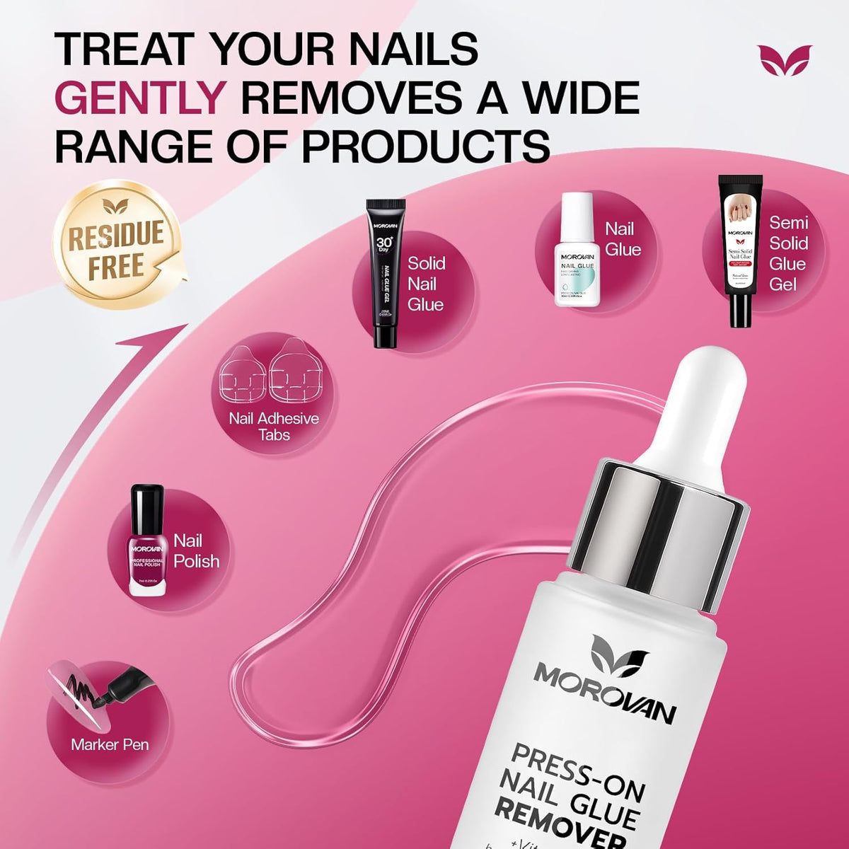 Morovan Press On Nail Glue Remover: Quick Press On Nail Remover Gentle Odorless Non-Acetone Artificial Acrylic Fake Nails Tips Removal - Enriched with Cuticle Oil and Vitamin E Beginners DIY at home