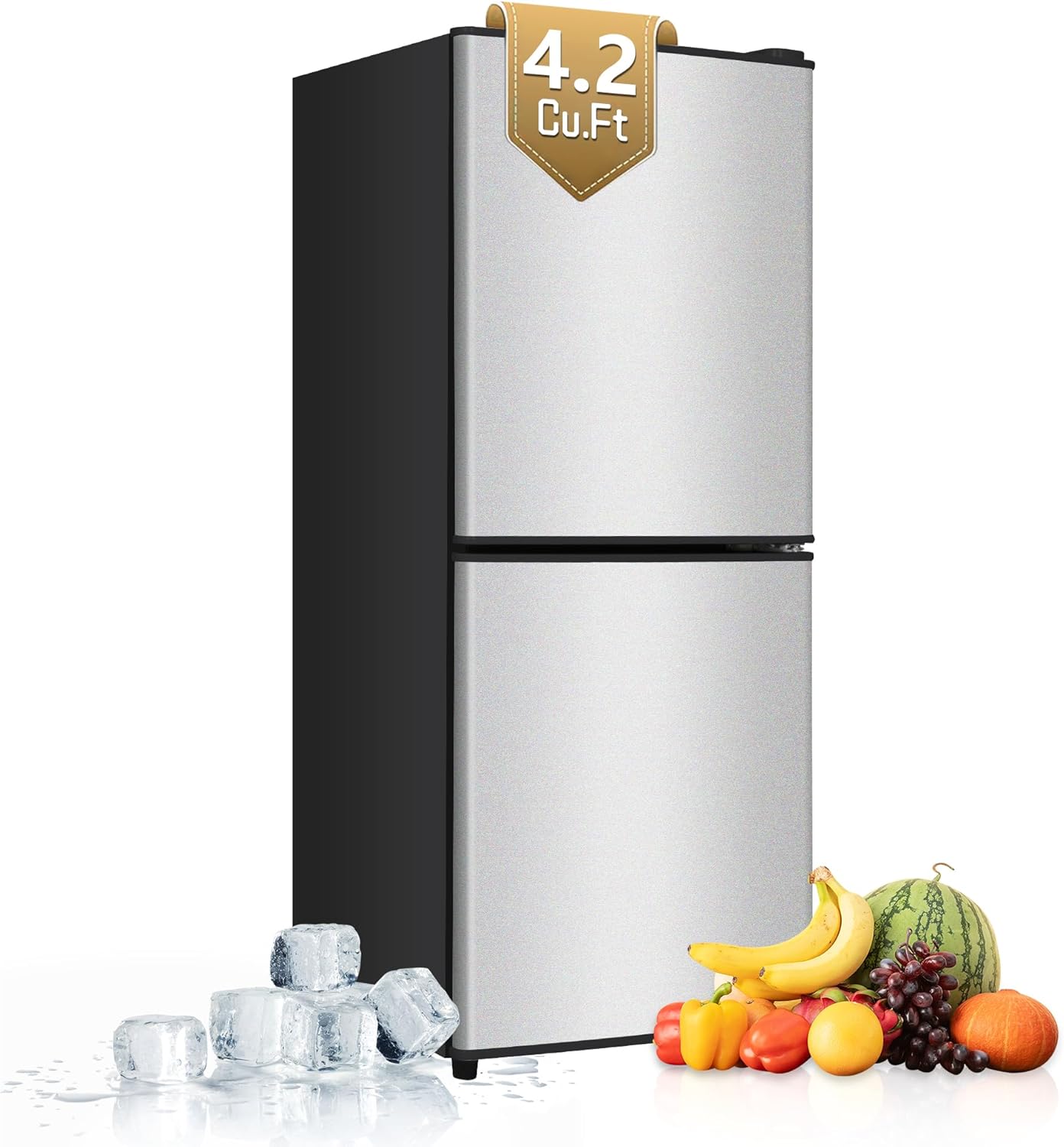 Small Fridge with Freezer 4.2 Cu.Ft., Mini Fridge and Freezer for Dorm with Adjustable Thermostat, Apartmet Size Fridge with Freezer Compact Fridge for Kitchen, Dorm, Office, Silver