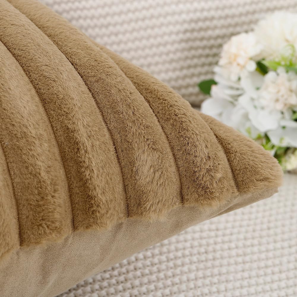 MADIZZ Set of 2 Faux Wool Plush Decorative Throw Pillow Covers 16x16 Inch Camel Fluffy Striped Soft Decorative Cushion Cover for Sofa Bedroom Pillow Shell