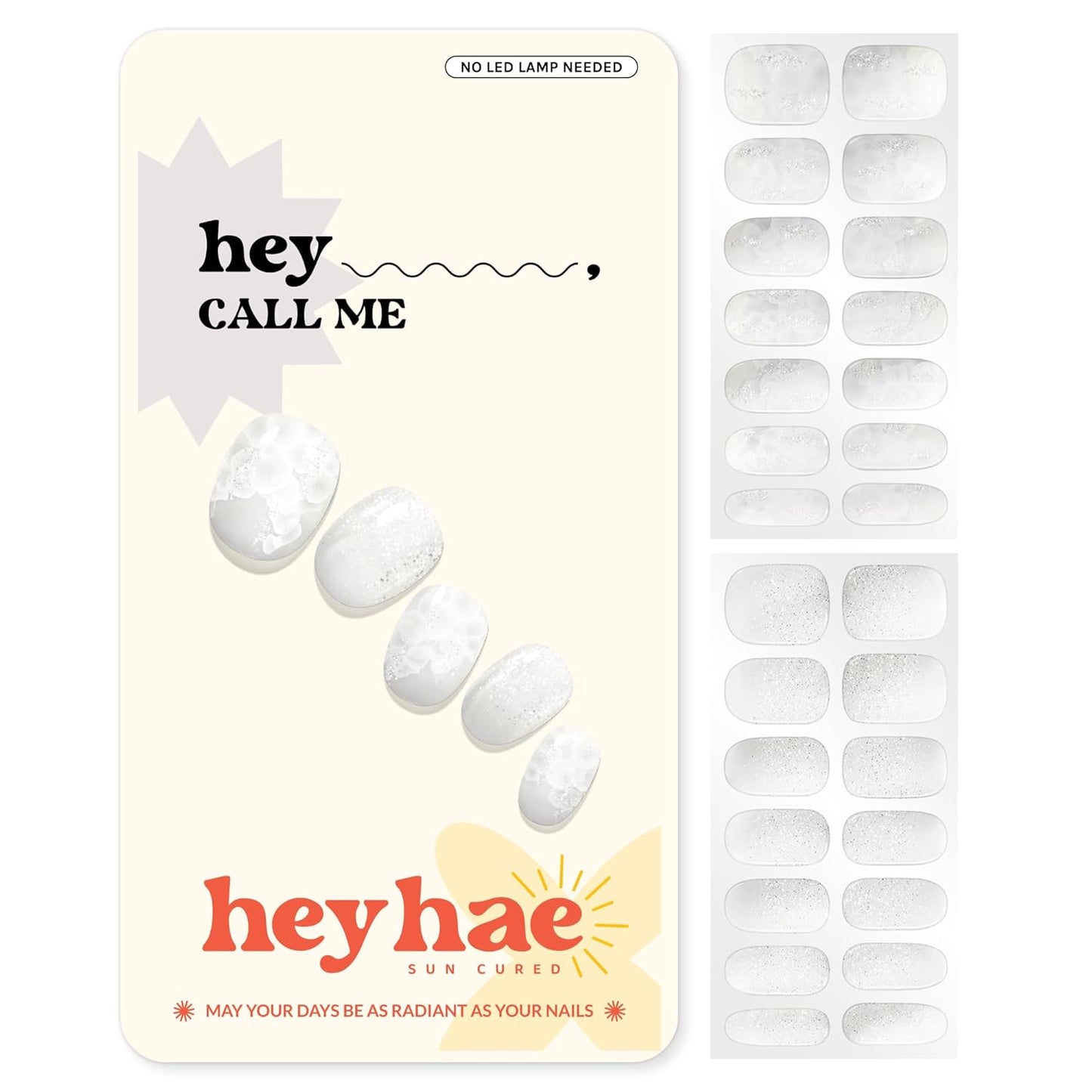 Semi Cured Gel Nail Strips | No LED Lamp Needed | Glitter, White, Spring | Easy Apply & Remove, Salon Quality | Includes 28 Strips, 1 Prep Pads, Nail File & Wooden Stick - Hey, Call Me
