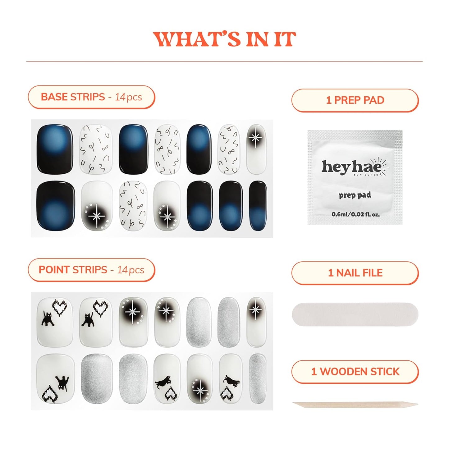 Semi Cured Gel Nail Strips | No LED Lamp Needed | Glitter, Black, White | Easy Apply & Remove, Salon Quality | Includes 28 Strips, 1 Prep Pads, Nail File & Wooden Stick - Hey, You’re Timeless