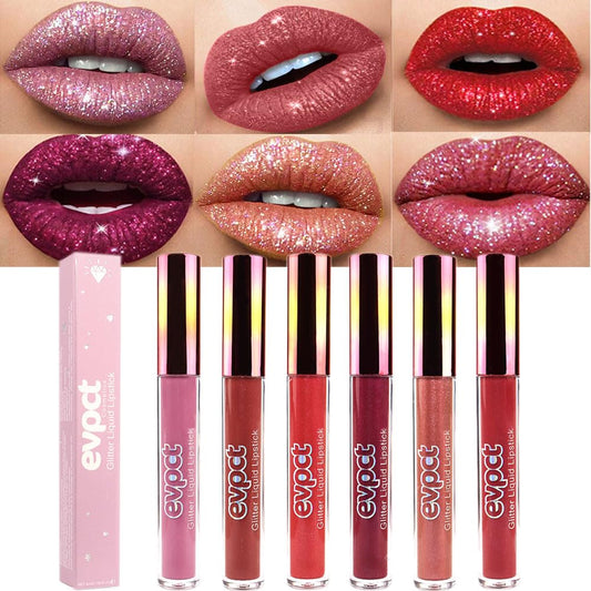 evpct 6Pcs Diamond Lip Gloss Matte to Glitter Liquid Lipstick Waterproof, Metallic Metal Shimmer Liquid Diamond Glitter Sparkle Sparkling Lipstick Lip Gloss Sets for Women Lips Kit, glitter+lipstick