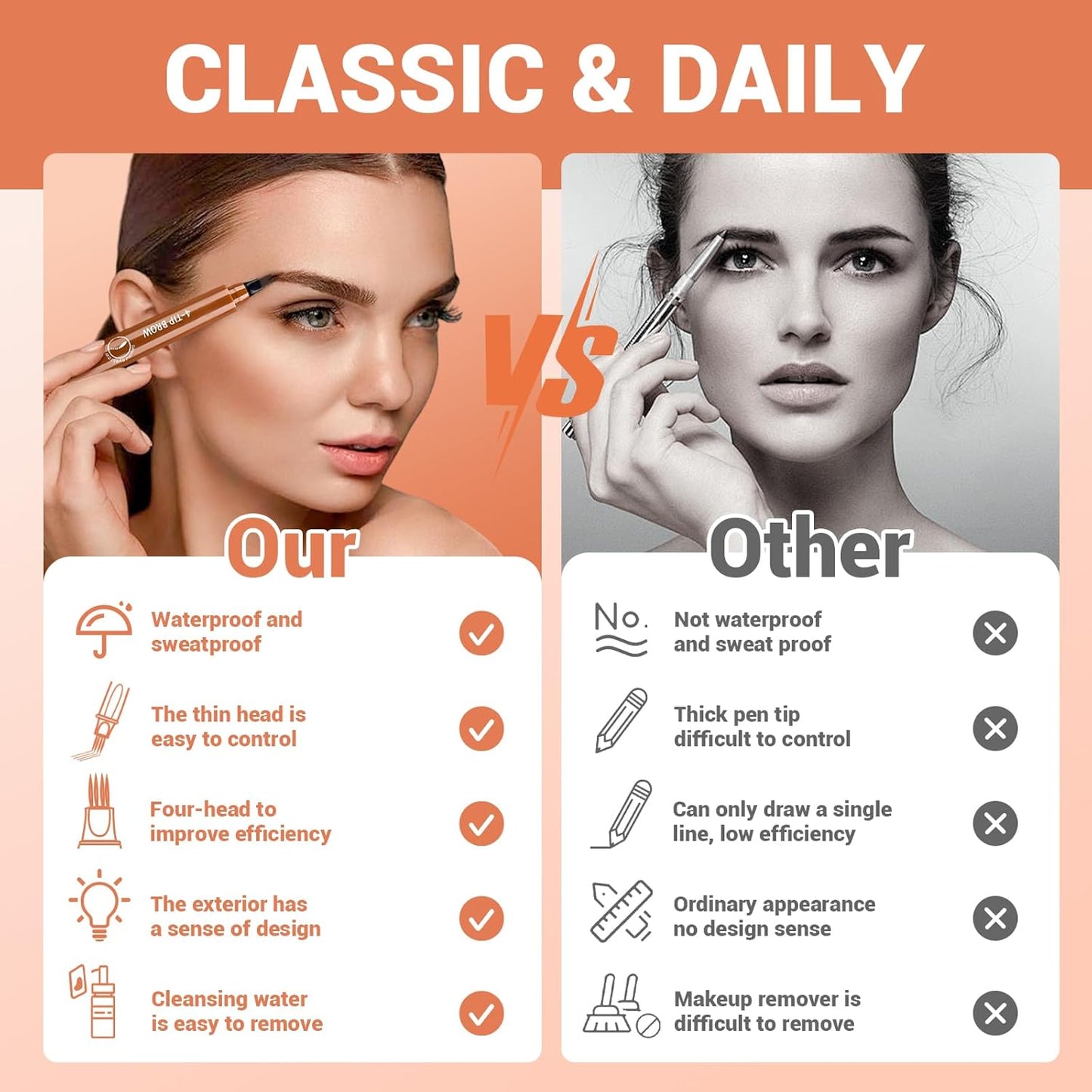 2025 New Magic Eyebrow Pencil, 4 Tipped Precise Brow Pen 3D Waterproof Microblading Contouring Pen Fine Stroke Microblading Eyebrow Pencil Creates Natural (Light Brown)