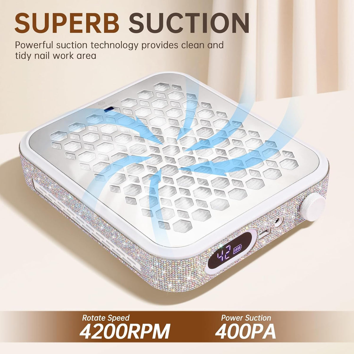 Nail Dust Collector, Rechargeable Dust Collector Nail Tech, Powerful Vacuum Fan Vent Dust Collector Extractor Dust Suction Machine for Acrylic Nails Polishing, Nail Salon&Home, White