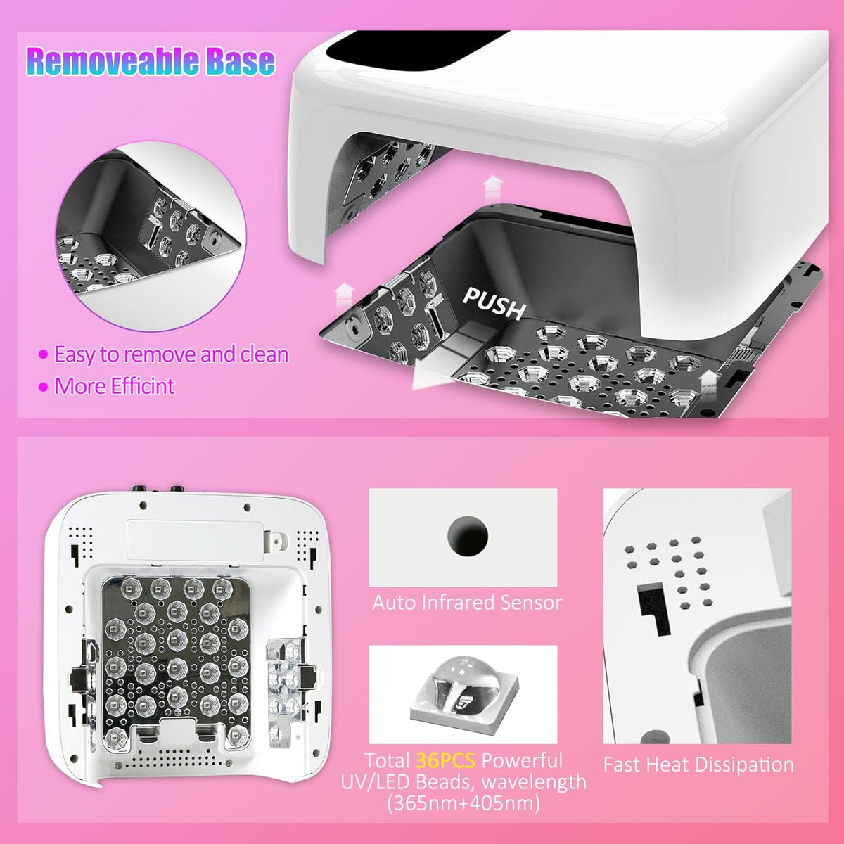 Interchangeable Light Panel & Battery - Cordless Rechargeable 72W UV LED Nail Lamp with Metallic Reflector & Base, Professional Salon-Grade Wireless Gel Nail Dryer Fast Curing Light (Pink)