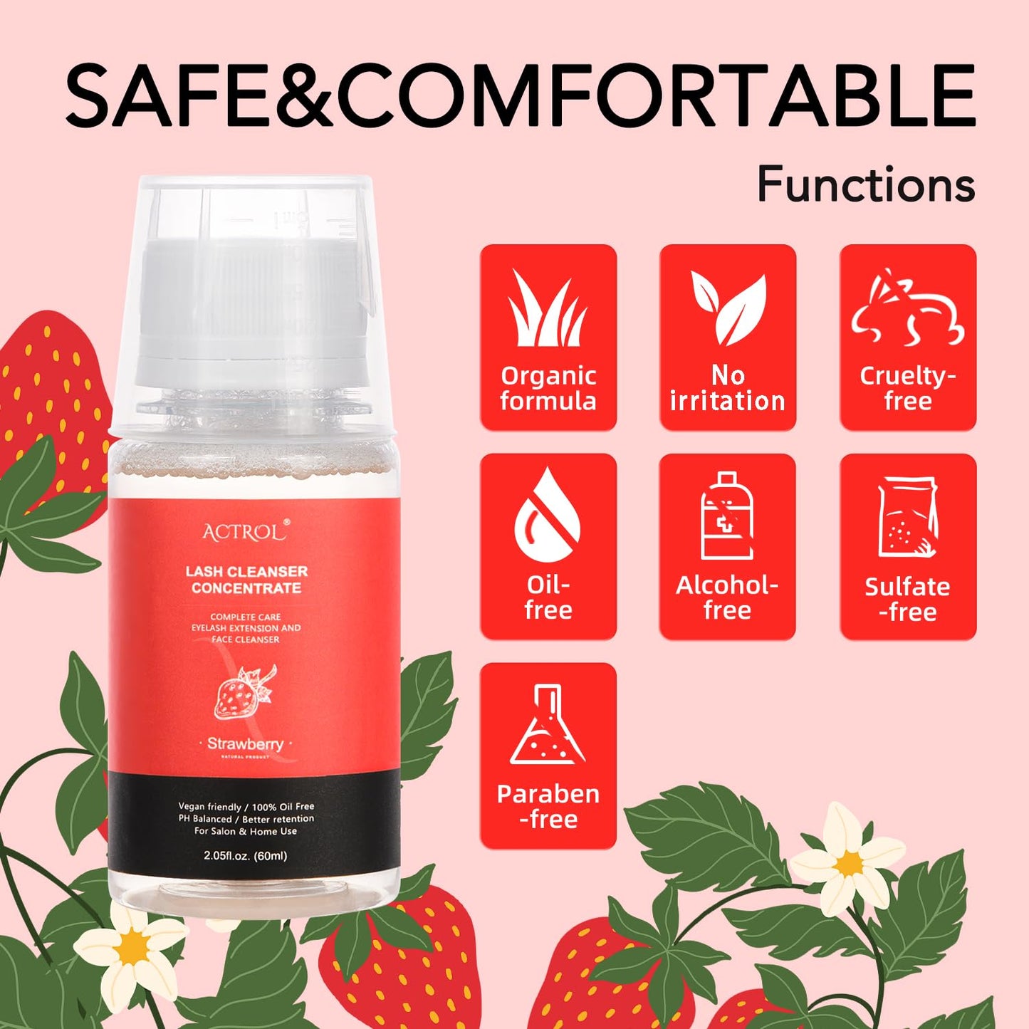 Eyelash Cleanser Concentrate 60ml Strawberry Professional Lash Shampoo Foaming Cleanser DIY Paraben & Sulfate Free Non-lrritating Wash for Extensions Lashes with Salon Home Care-Makes 6 Bottles