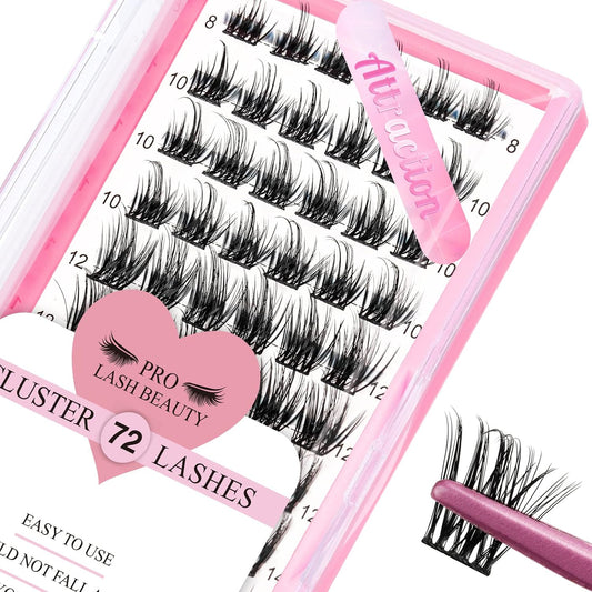 Cluster Lashes 72 Pcs Lash Clusters DIY Eyelash Extension Individual Lashes Thin Band Easy to Apply at home Lashes (Attraction D-8-16 mix)