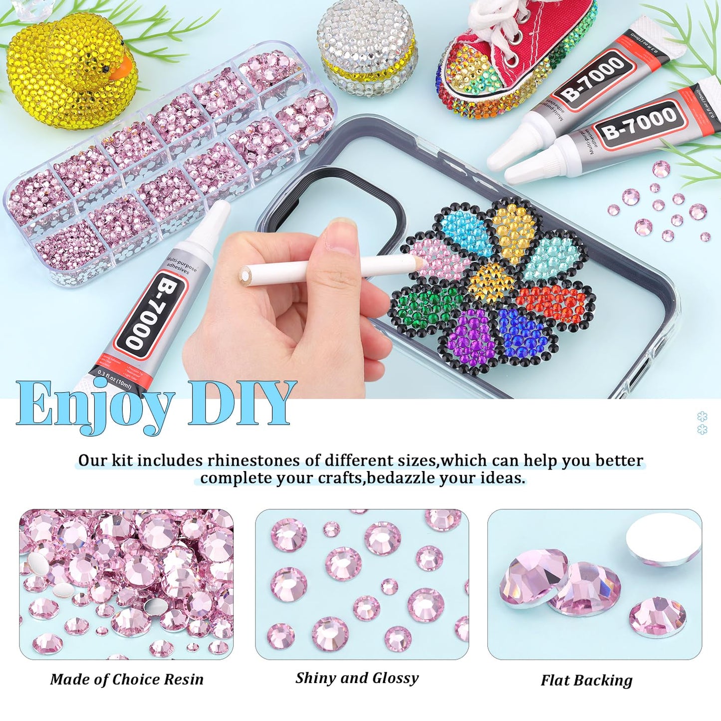 6000Pcs Resin Rhinestones for Bedazzling with 3Pcs B7000 Jewelry Glue, 1 Box Light Pink Flatback Rhinestones for Crafting Crafts DIY, Crystals Gems for Clothing Shoes Tumblers Nail Art Makeup