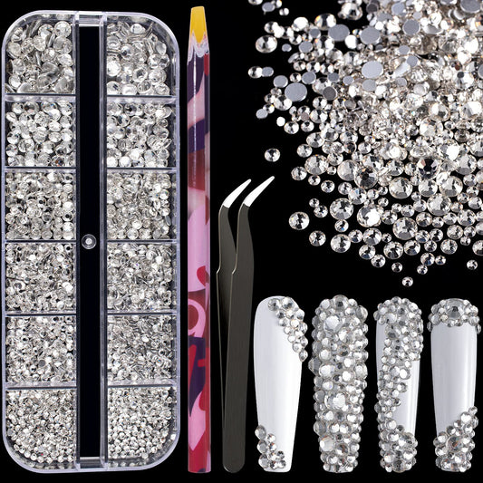 6 Sizes Transparent White Silver Glass Crystal Kit with Pickup Pen + Tweezer Tools for Shine Nail Art Manicure Makeup DIY Decoration Flatback Round Rhinestone Gem Jewelry Diamond